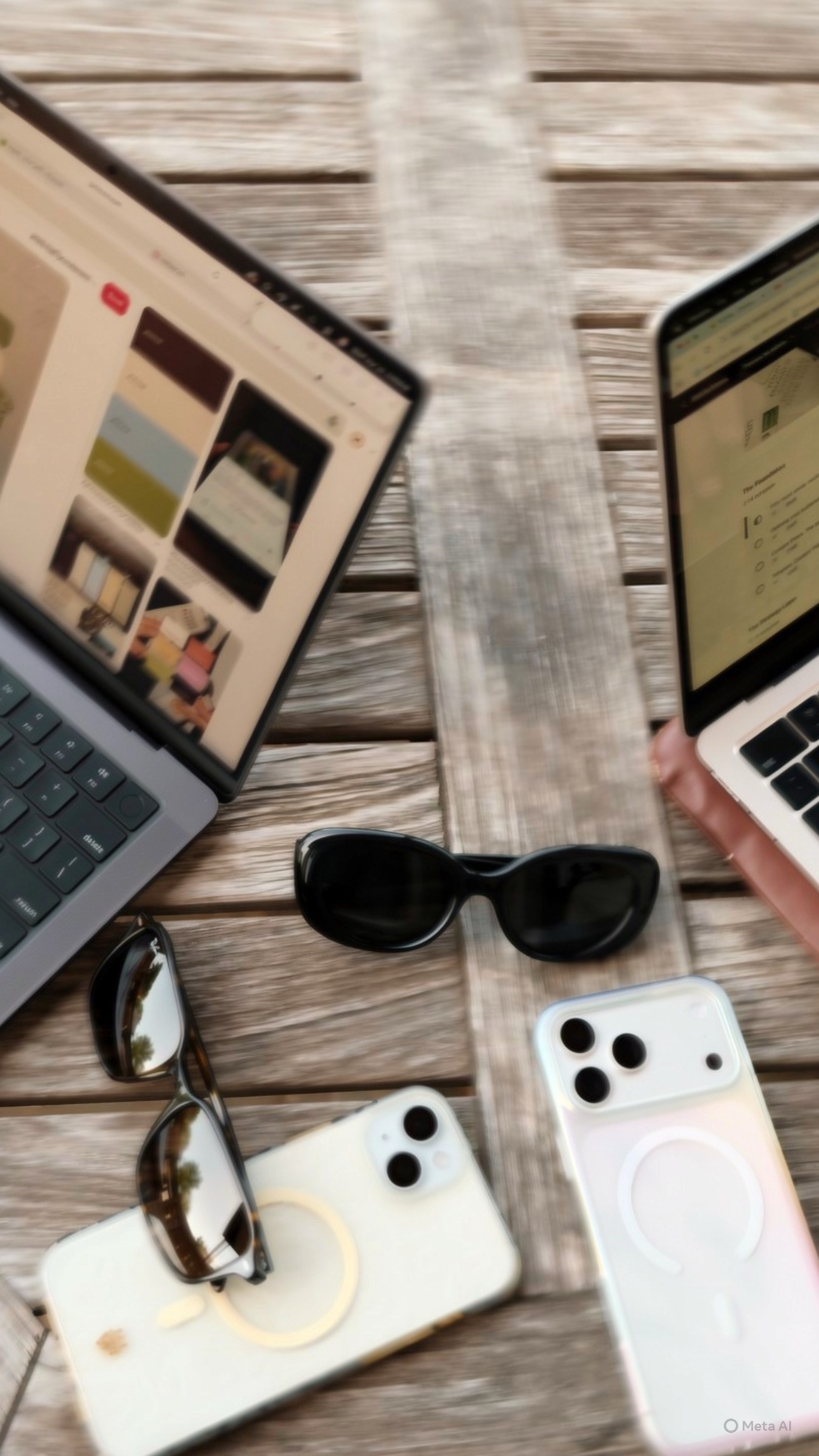 Flat lay of branding and design materials including sunglasses, notebooks, and a phone on a warm-toned surface