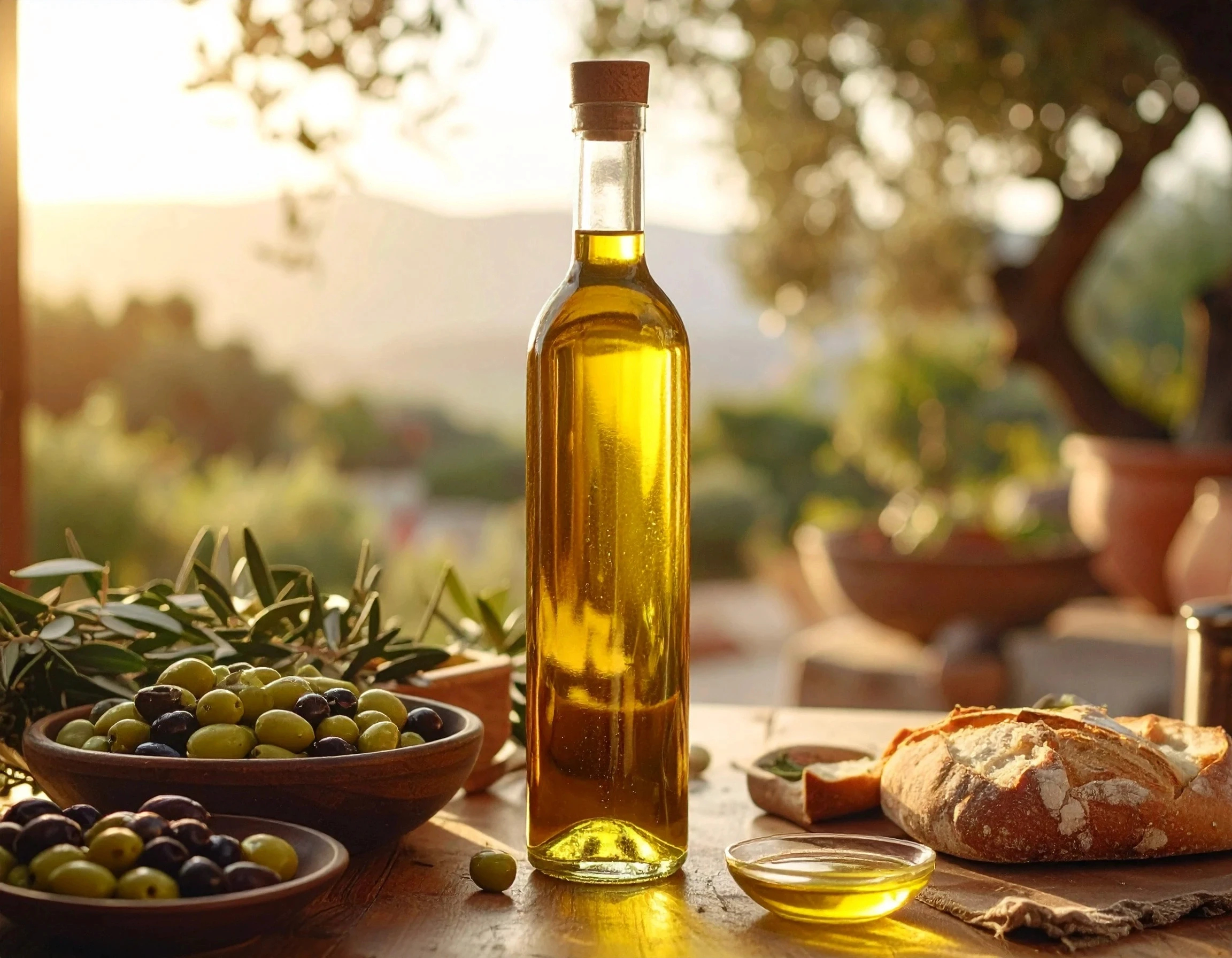 Bottled olive oil on a table with fresh olives and bread