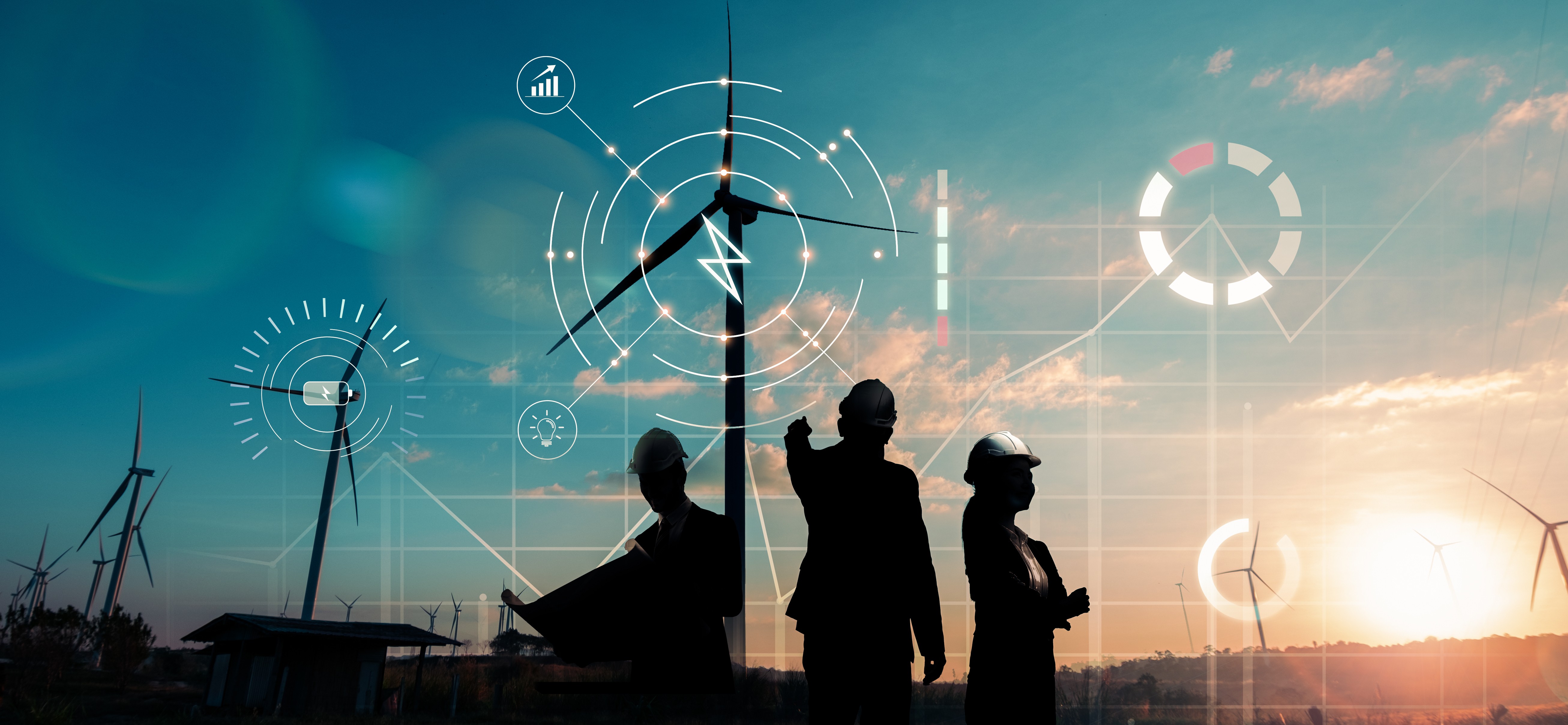 Silhouettes at wind farm with data overlay.