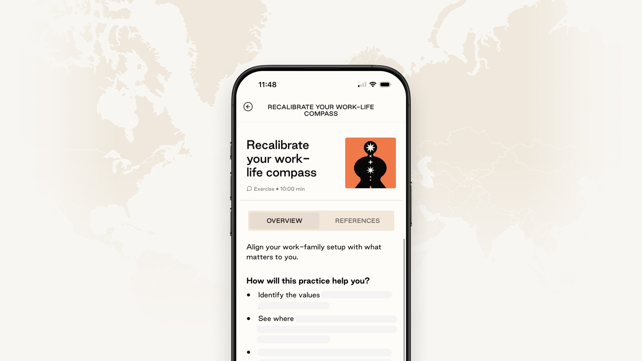 Smartphone screen shows a work-life exercise page titled Recalibrate your work-life compass over a faint world map.