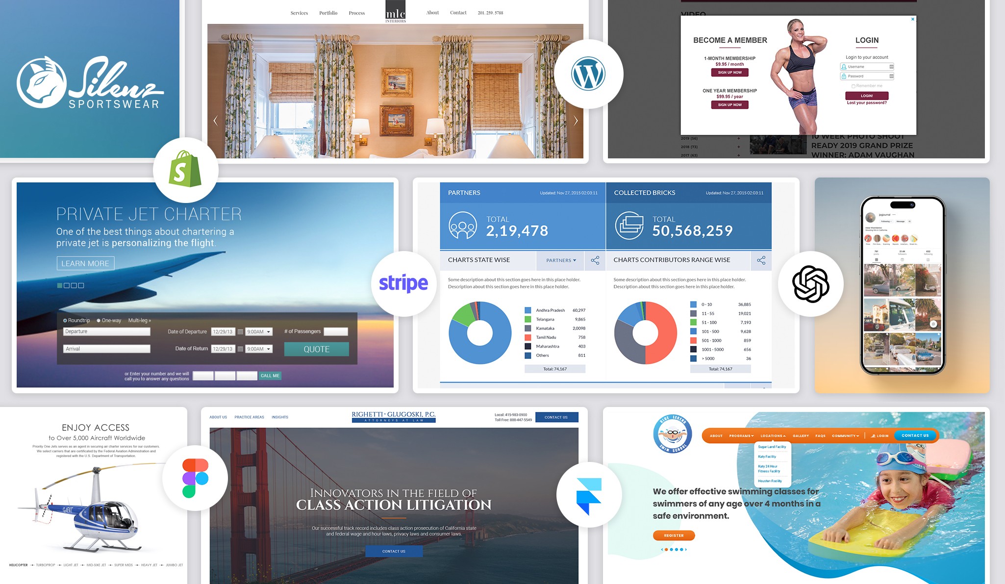 Overview of UI and UX design projects built with technologies like WordPress, Shopify, Stripe, Figma, and Framer, featuring dashboards, landing pages, booking forms, brand websites, and app interfaces.