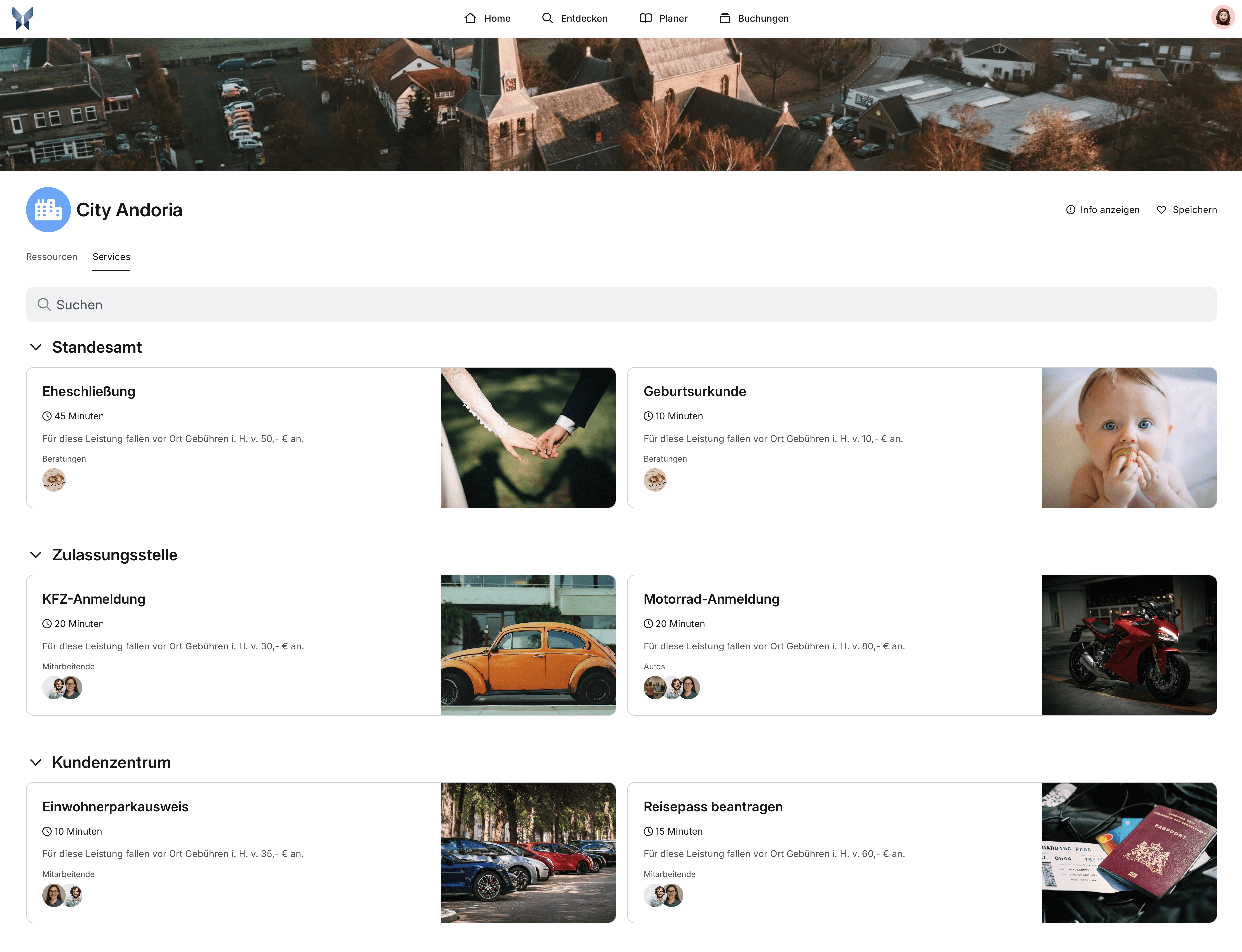 Buchungsseite einer stadt im Buchungssystem anny. Es sind Services wie Eheschließung, Ausweis Beantragung und Kfz Anmeldung buchbar.