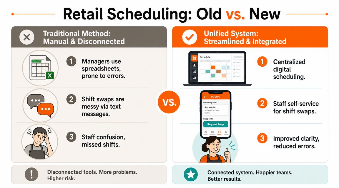 A comparison infographic showing the inefficiencies of traditional manual retail scheduling versus modern unified digital systems.