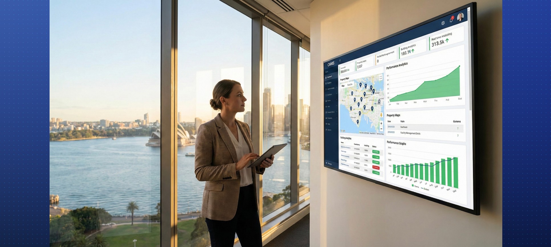 A professional facility manager reviewing real-time portfolio data, maps, and performance graphs on a large CMMS dashboard, with an Australian city skyline in the background.