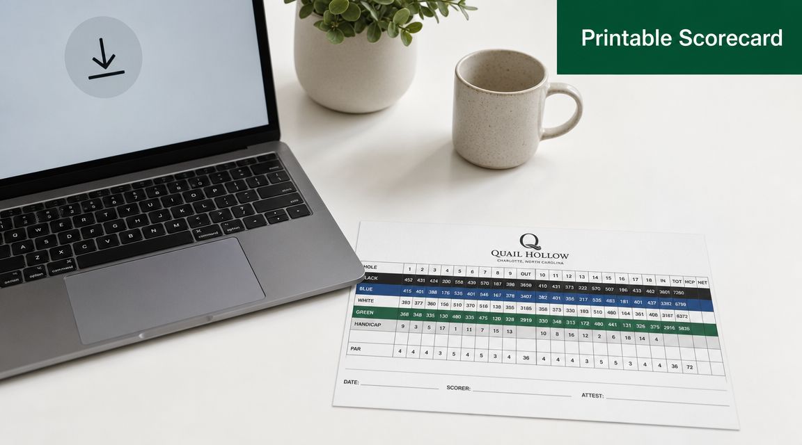 A laptop, a coffee mug, and a printable Quail Hollow golf course scorecard on a white desk.