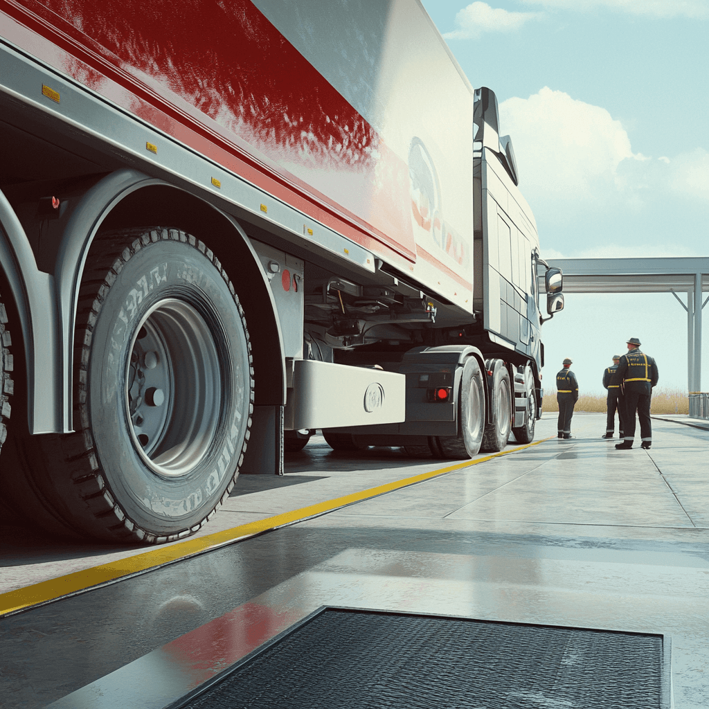 Truck being weighed at a checkpoint under the scrutiny of regulatory officers following allegations of weight manipulation.