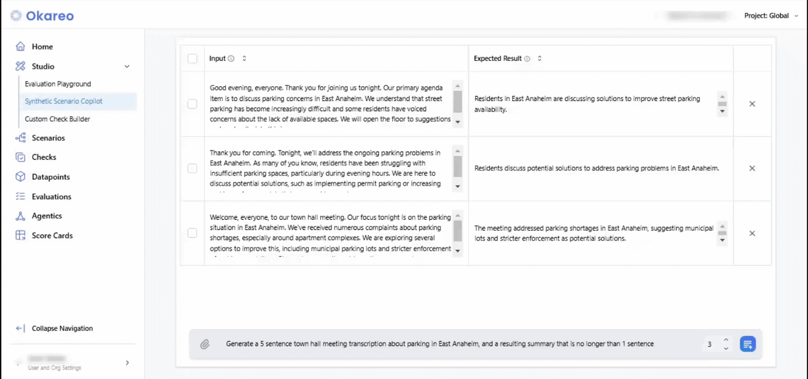 Screen capture of the scenario copilot in the Okareo app being used to generate a rephrased scenario.