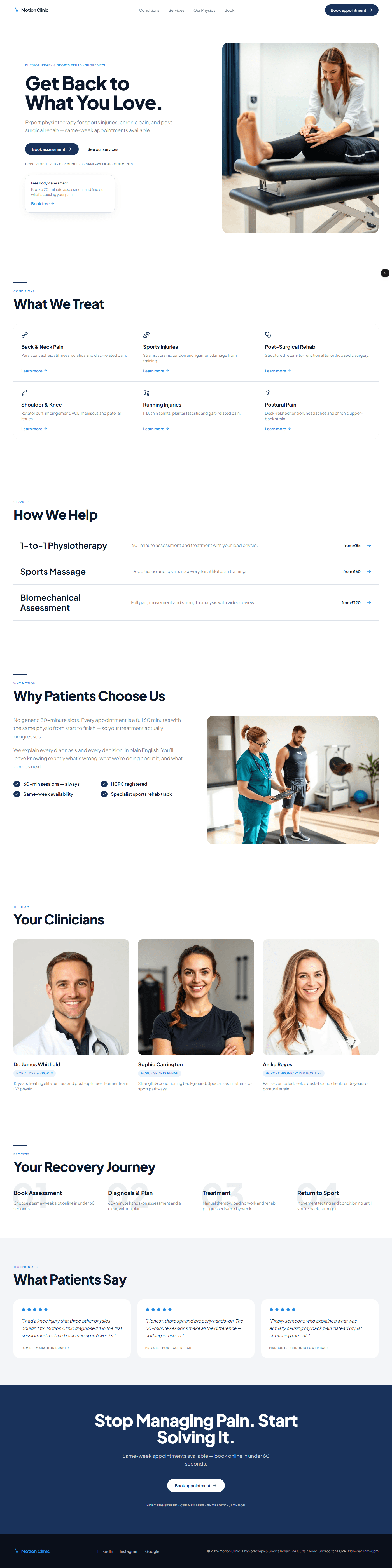 Physiotherapist website prompt full preview — white background with deep navy #1a2a4a primary and electric blue #2a7dd4 accent, Plus Jakarta Sans 800 split hero headline with treatment photography right side, floating "Free Body Assessment" UI card below CTAs at scale 0.9 to 1 animation, six-condition chip grid in three-by-two layout with navy lucide icons and hover glow, three hover-raise service rows with blue right-aligned pricing, and four-step recovery journey with faded navy background numbers