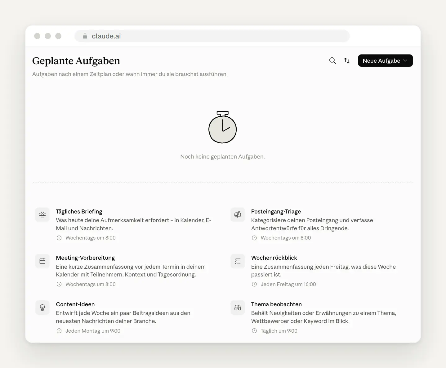 Geplante Aufgaben in Claude mit Vorlagen wie Tägliches Briefing und Posteingang-Triage