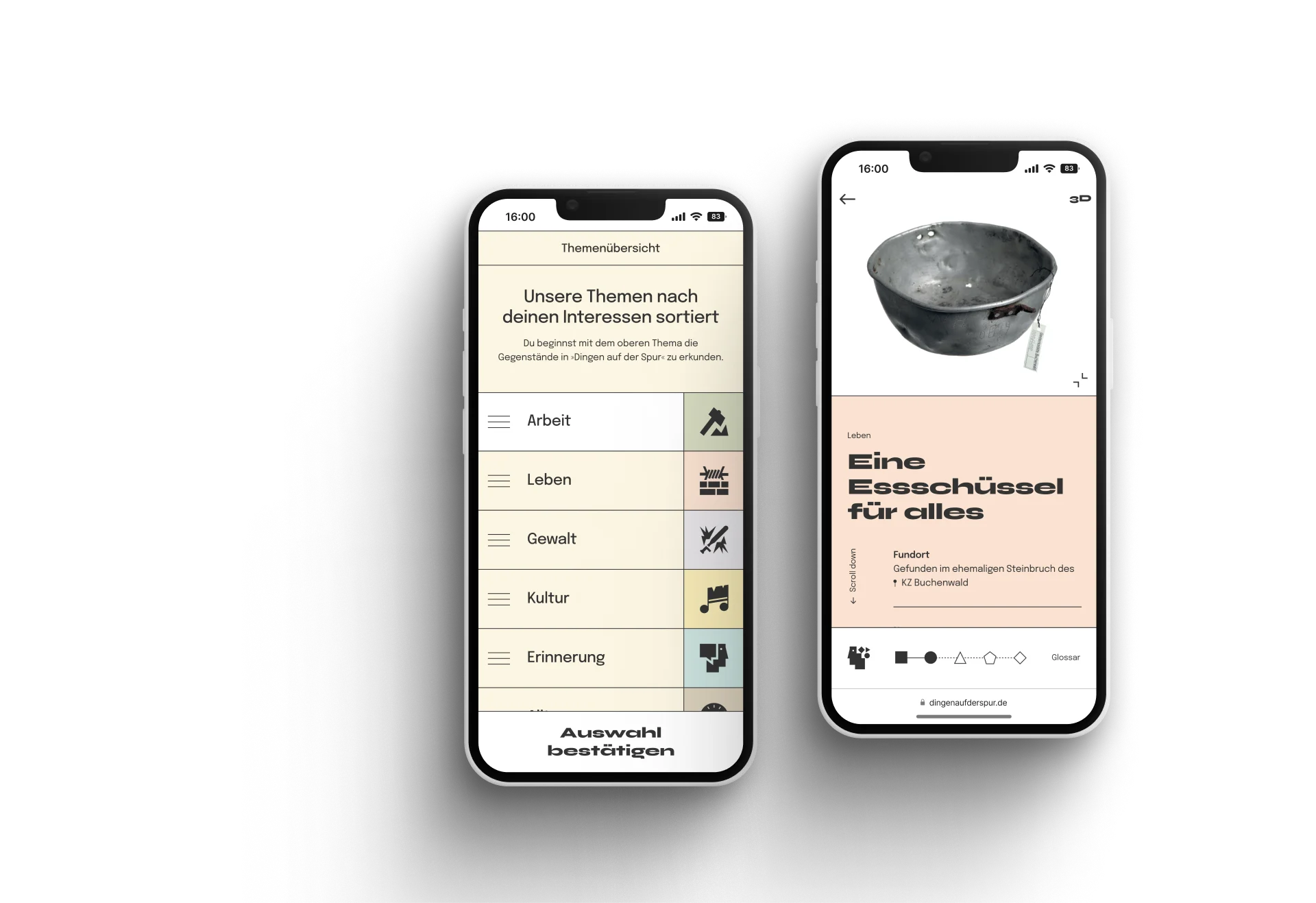 Zwei Smartphones zeigen die Interface-Design der interaktiven Web-App für KZ-Gedenkstätten Buchenwald und Sachsenhausen, entwickelt von fjnland. Themenübersicht und ein Objekt, eine Essschüssel, werden dargestellt