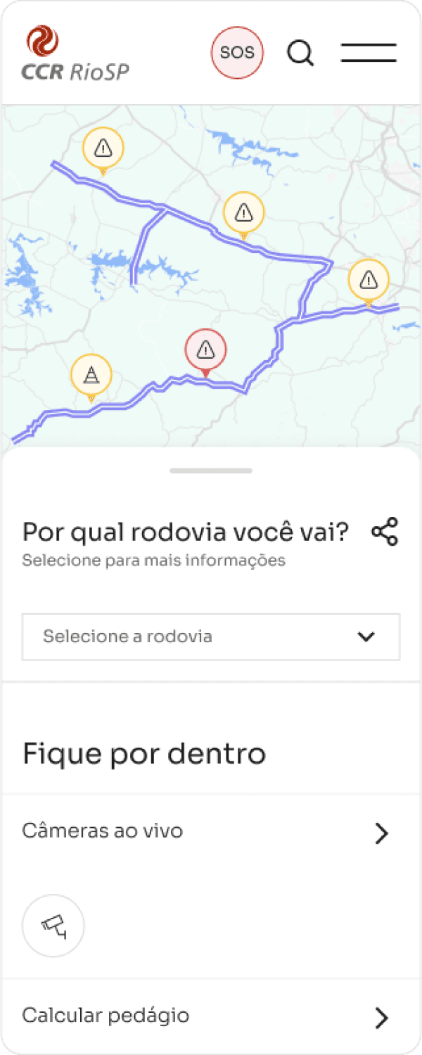 Screenshot of the CCR RioSP mobile app interface. The top section displays a map with highlighted routes and warning icons. Below the map, a dropdown menu asks users to select a highway for more information. Additional options include live cameras and toll calculation.