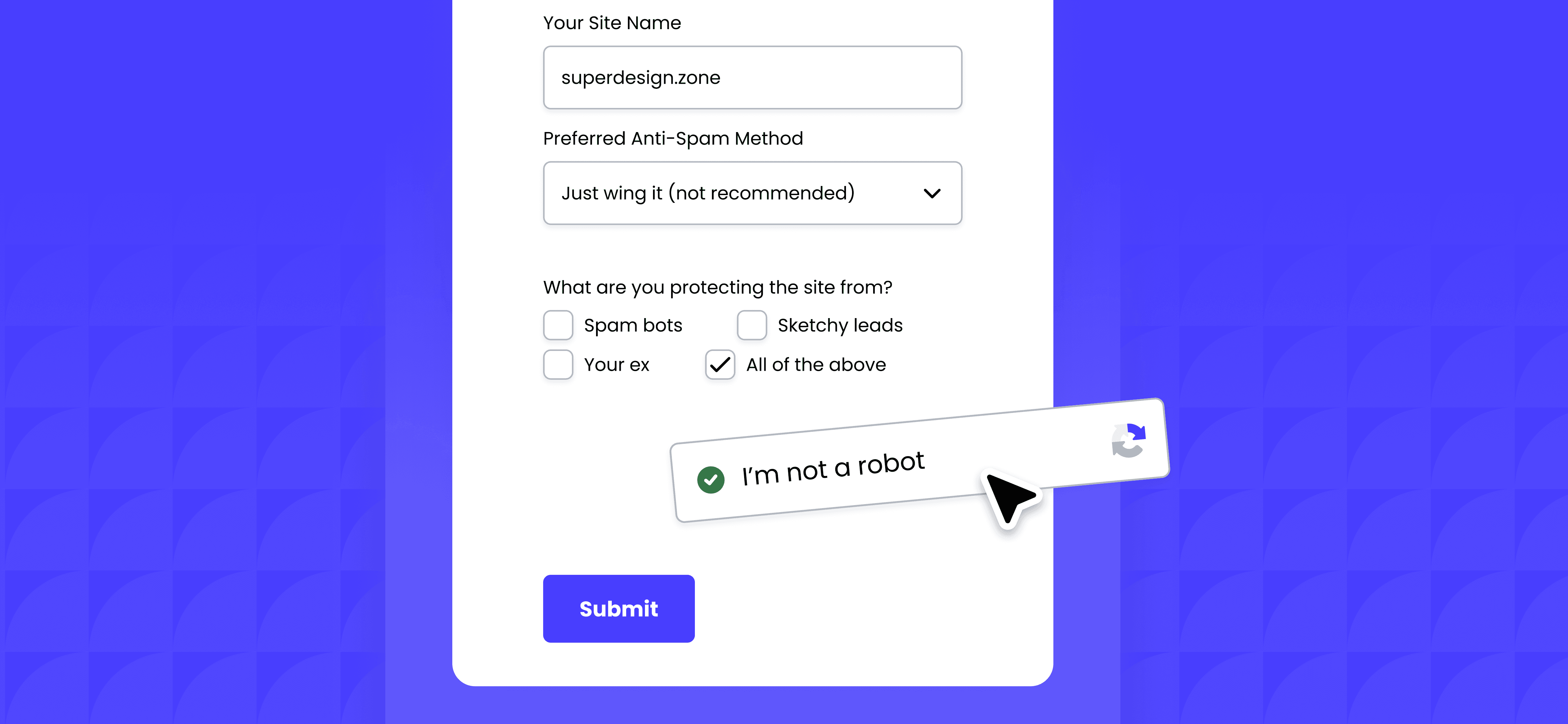 reCAPTCHA settings panel open in FramerForms plugin interface