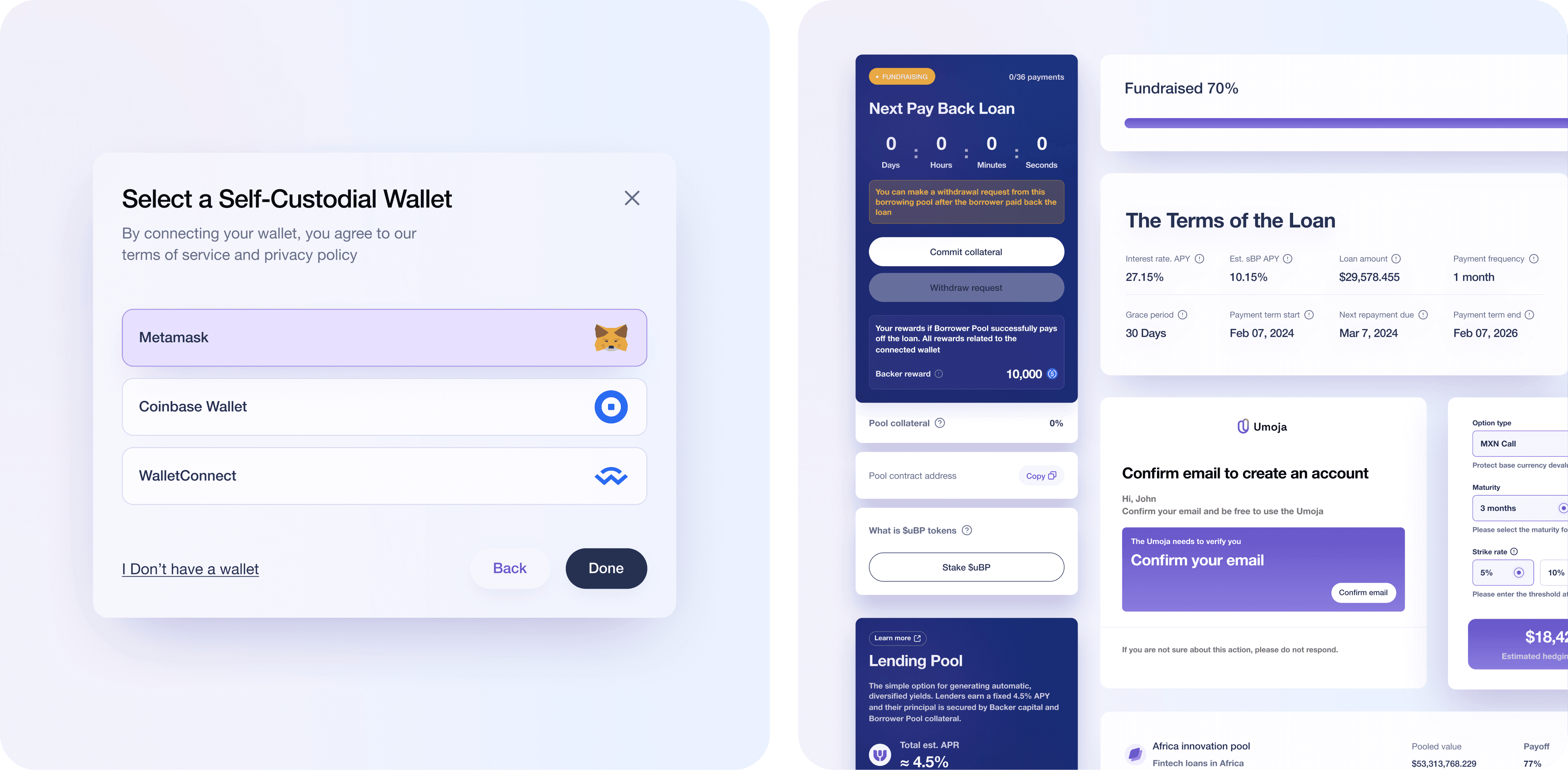 Umoja Protocol app screen for selecting a self-custodial wallet. The screen offers three options: Metamask, Coinbase Wallet, and WalletConnect. There is also a link for users who don't have a wallet. The interface is minimalistic with a light background and purple and white text. Umoja Protocol app dashboard displaying various financial metrics and loan details. The screen shows a fundraising progress bar at 70%, a section for the 'Next Pay Back Loan' with a countdown timer, options to commit collateral or withdraw request, and the terms of the loan with details like interest rate, loan amount, and payment schedule. Additional sections include an email confirmation prompt, options for staking SuBP tokens, information on a lending pool, and two Africa innovation pools with pooled values and payoff rates.