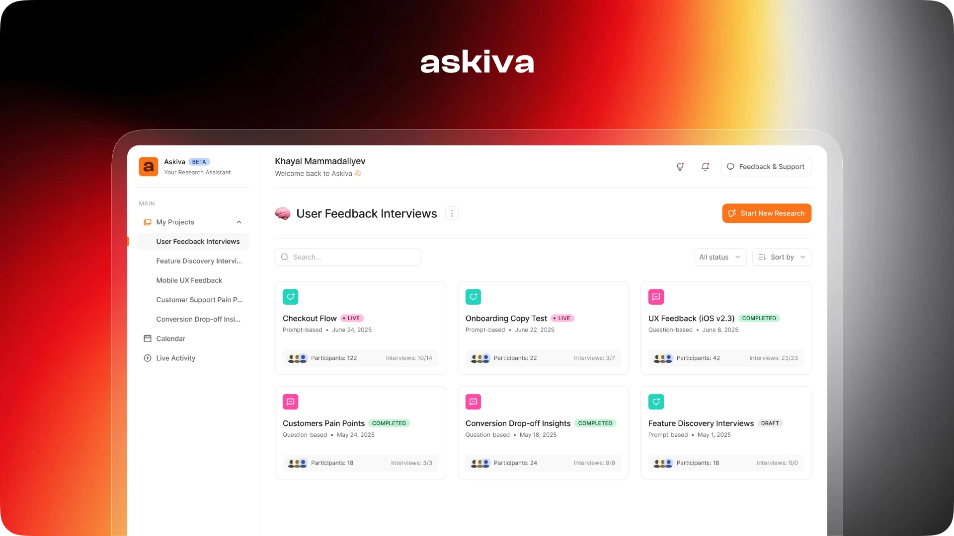 Dashboard interface of Askiva, an AI agent tool that automates user research, interviews, and data analysis.