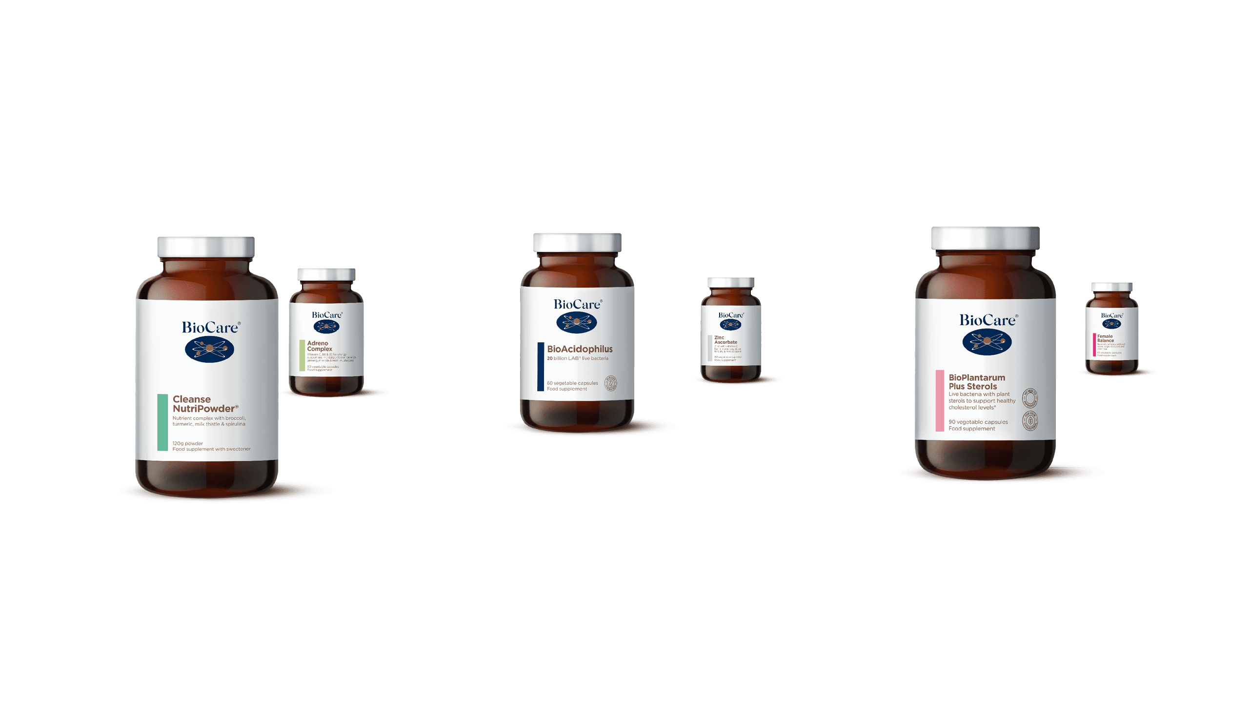 6 pill bottles with the Biocare branding on