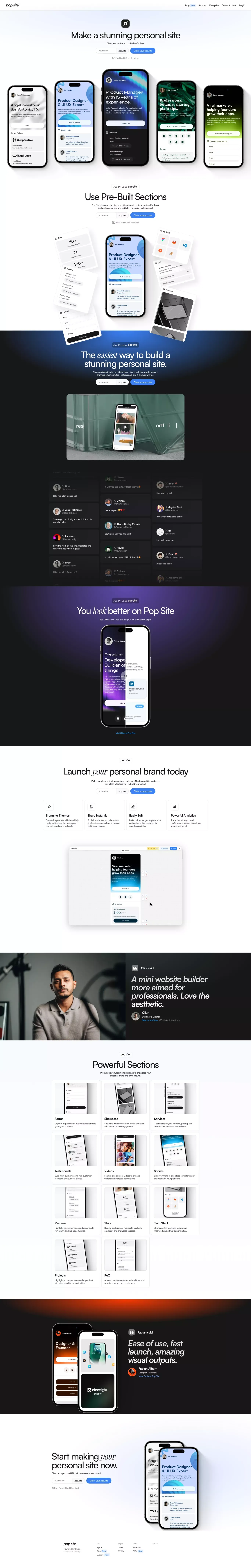 Pop Site - Free  Personal Site Builder & portfolio page screenshot showcasing Design and Tech design