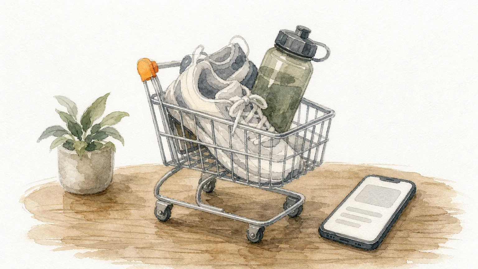 A shopping cart holding sneakers and a water bottle sits beside a phone on a table.