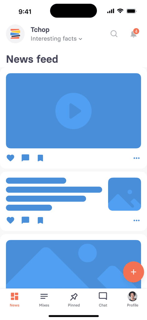 tchop™ mobile app interface showcasing a user-friendly news feed layout where users can engage with community content through reactions, comments, and shares.