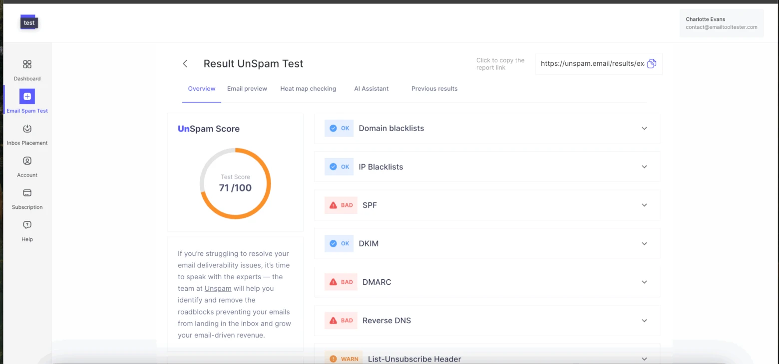 Spam testing tool 2026 showing DKIM SPF DMARC status for a newsletter sending domain with deliverability score.