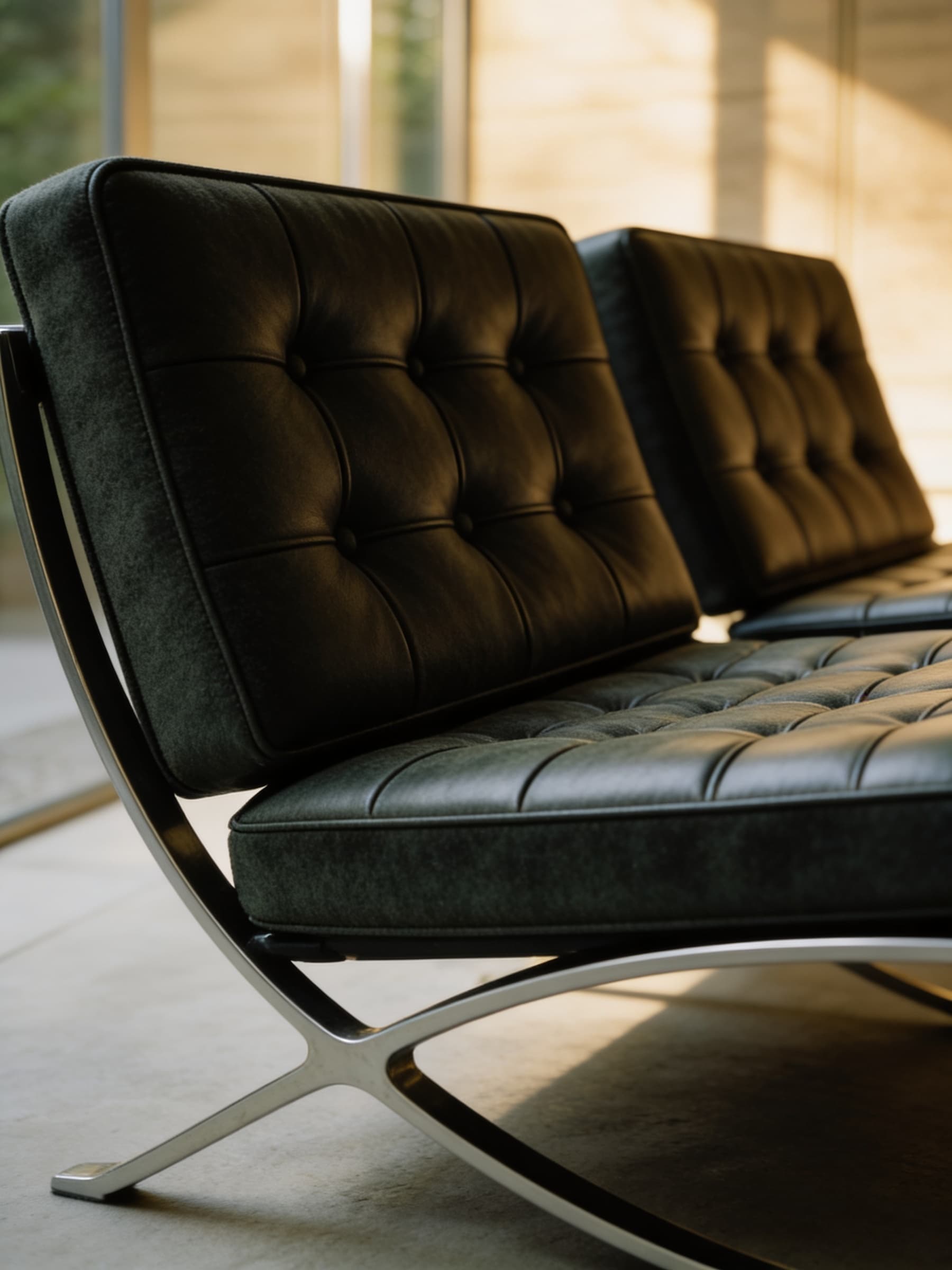 A modern black leather chair with a tufted design sits elegantly in a sunlit room, featuring sleek metallic legs and a minimalist style, enhancing contemporary interior decor.
