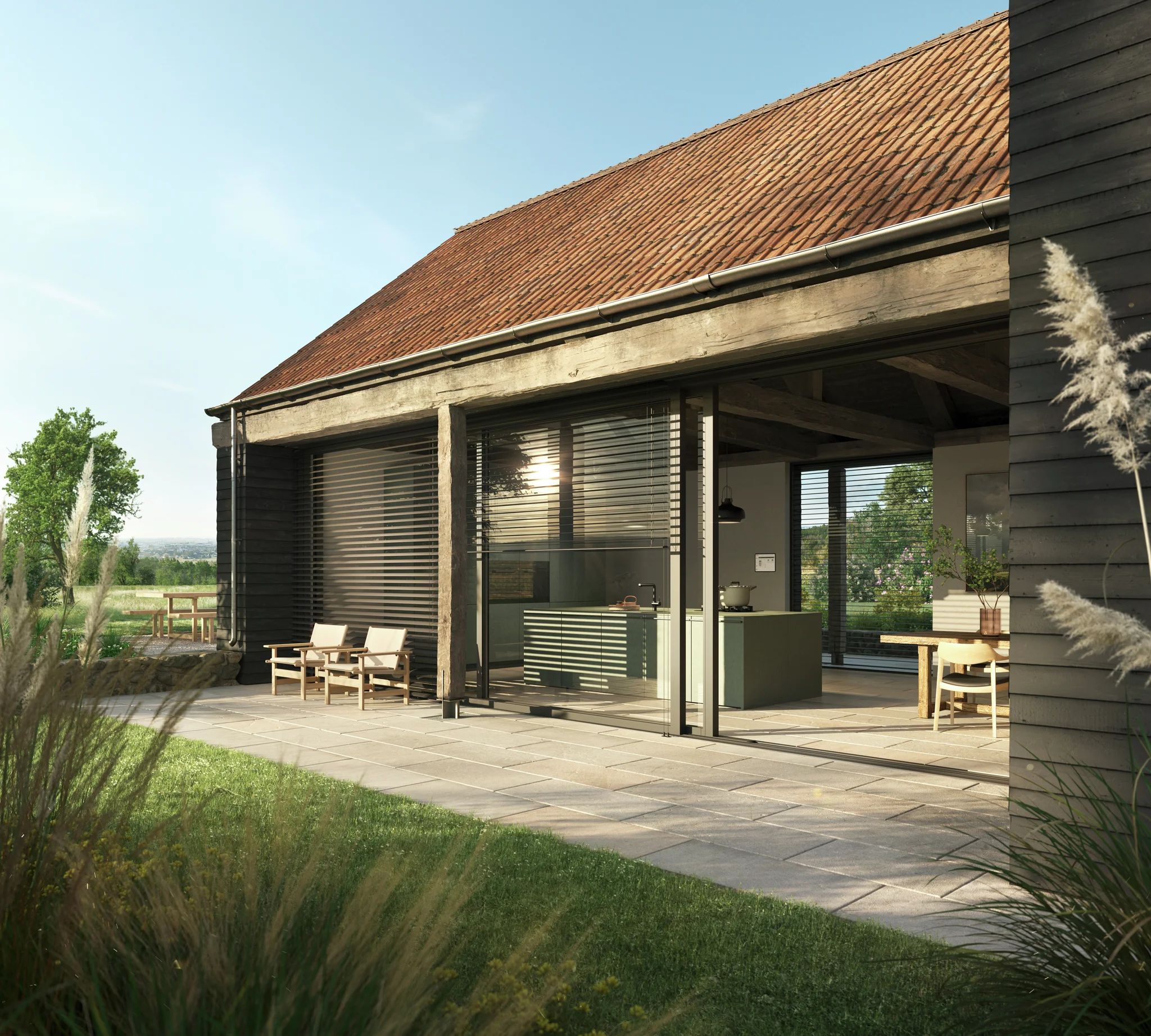 Moderne Terrasse in Westerwalbesloh mit Sonnenschutz, Markisen, Rollladen, Raffstoren. Maßanfertigung durch Handwerk OWL.