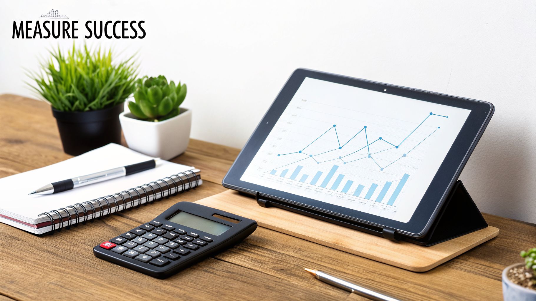 A modern workspace with a tablet displaying business charts, a calculator, and a notebook on a wooden desk.
