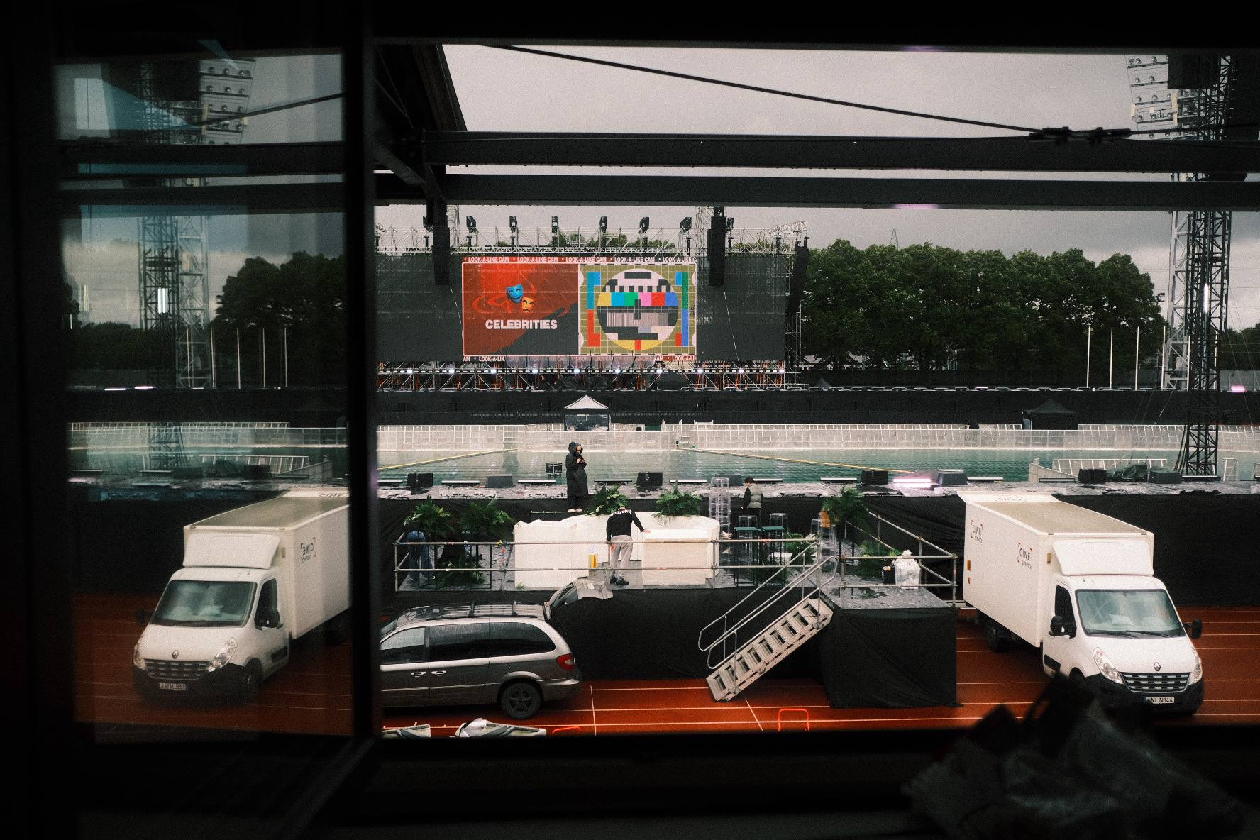 Stage and large screen during preparations for T-Fest in Riga