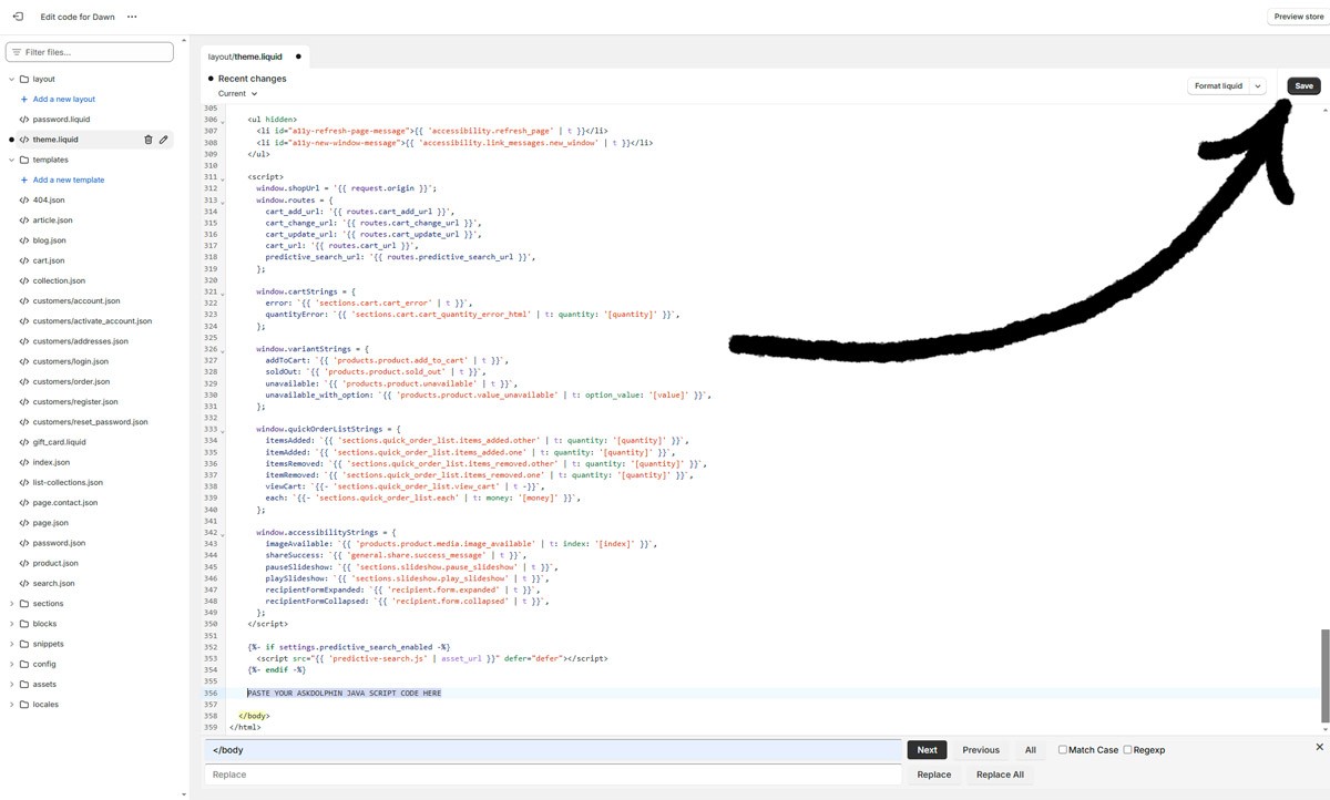 Shopify code editor with an arrow pointing to the Save button to confirm changes after adding the AskDolphin script.