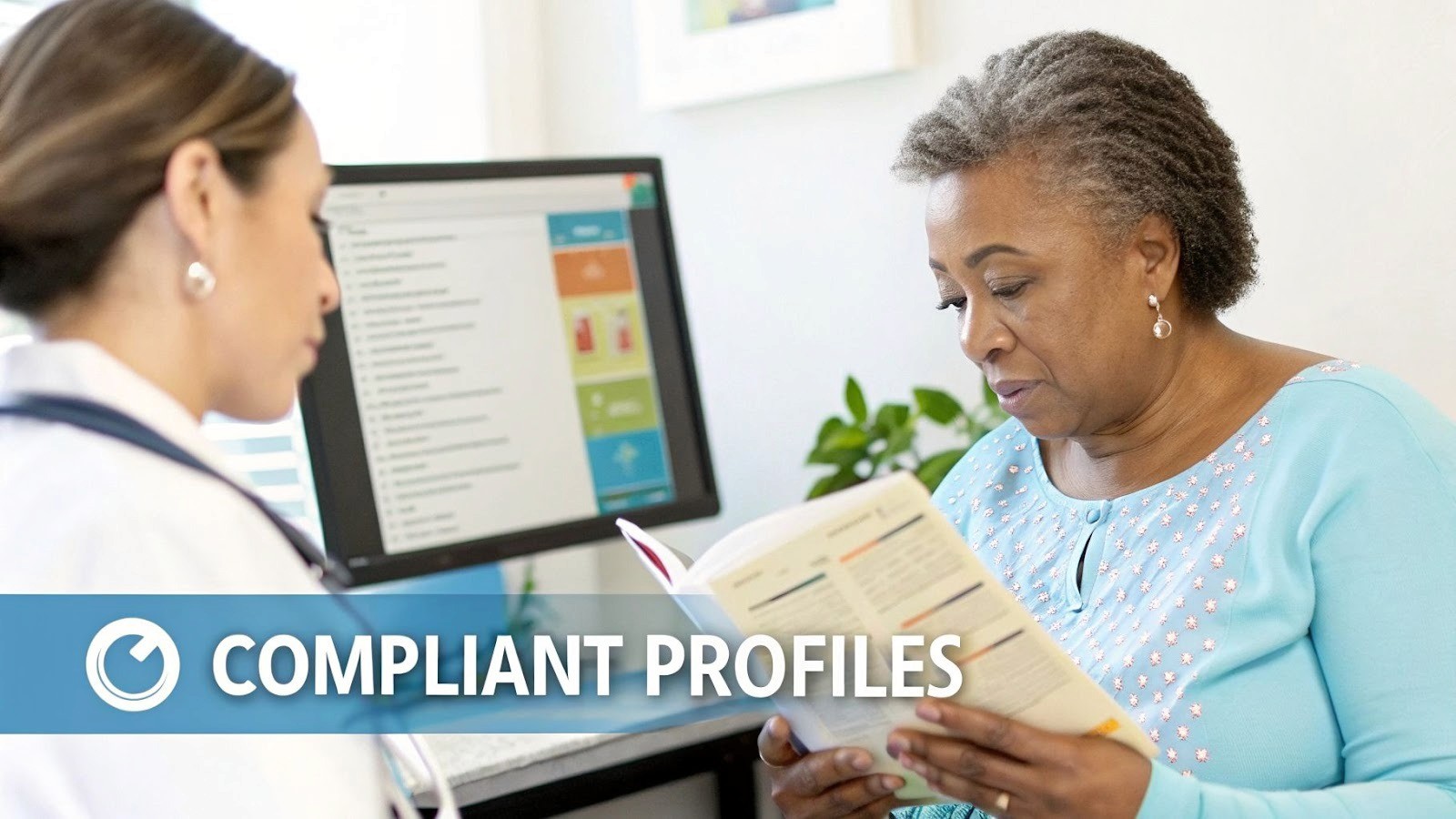 A doctor consults with an elderly female patient who is reading a medical brochure.