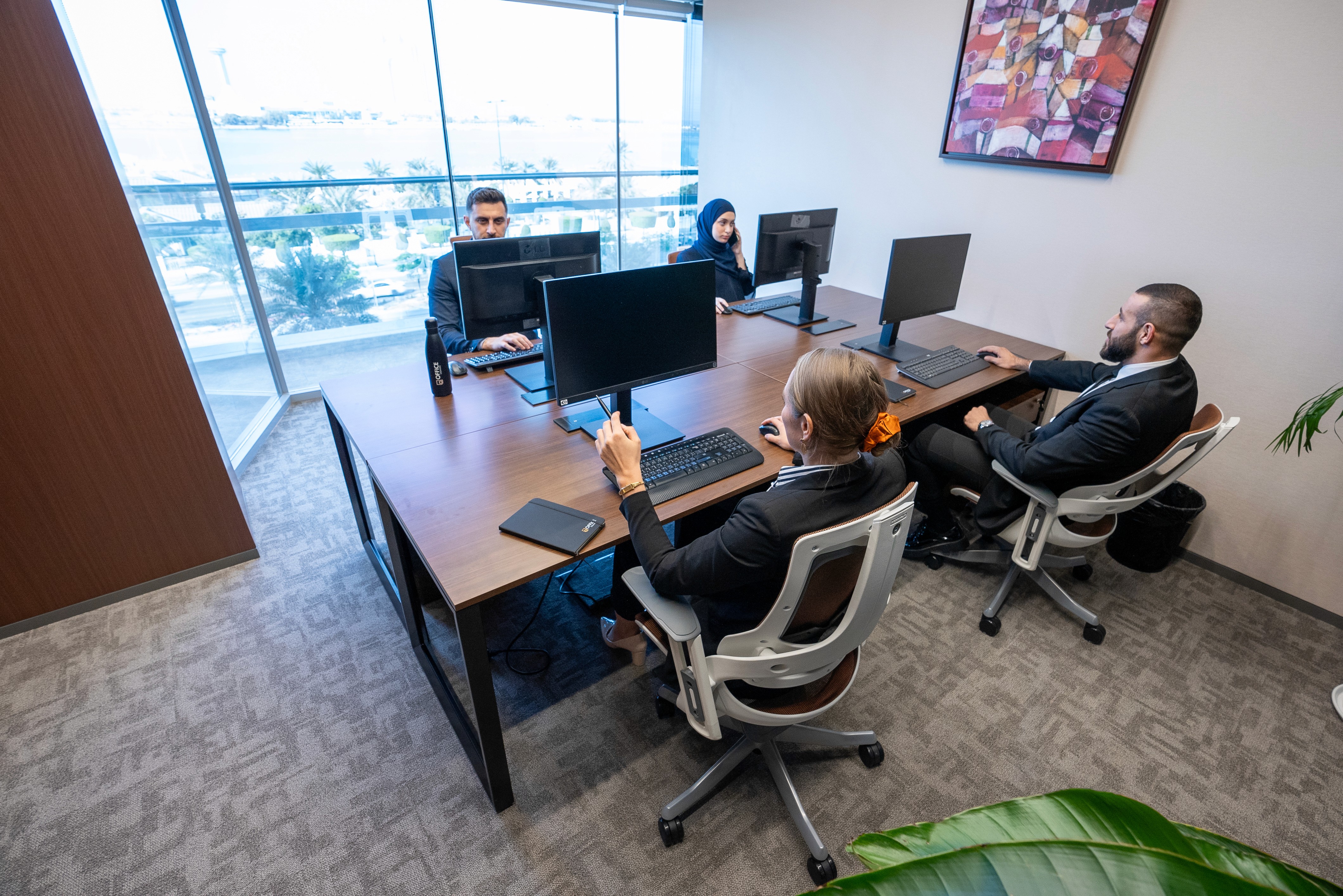 Private office with professionals working at desks with monitors, in a bright room with large windows and a view of the outside.