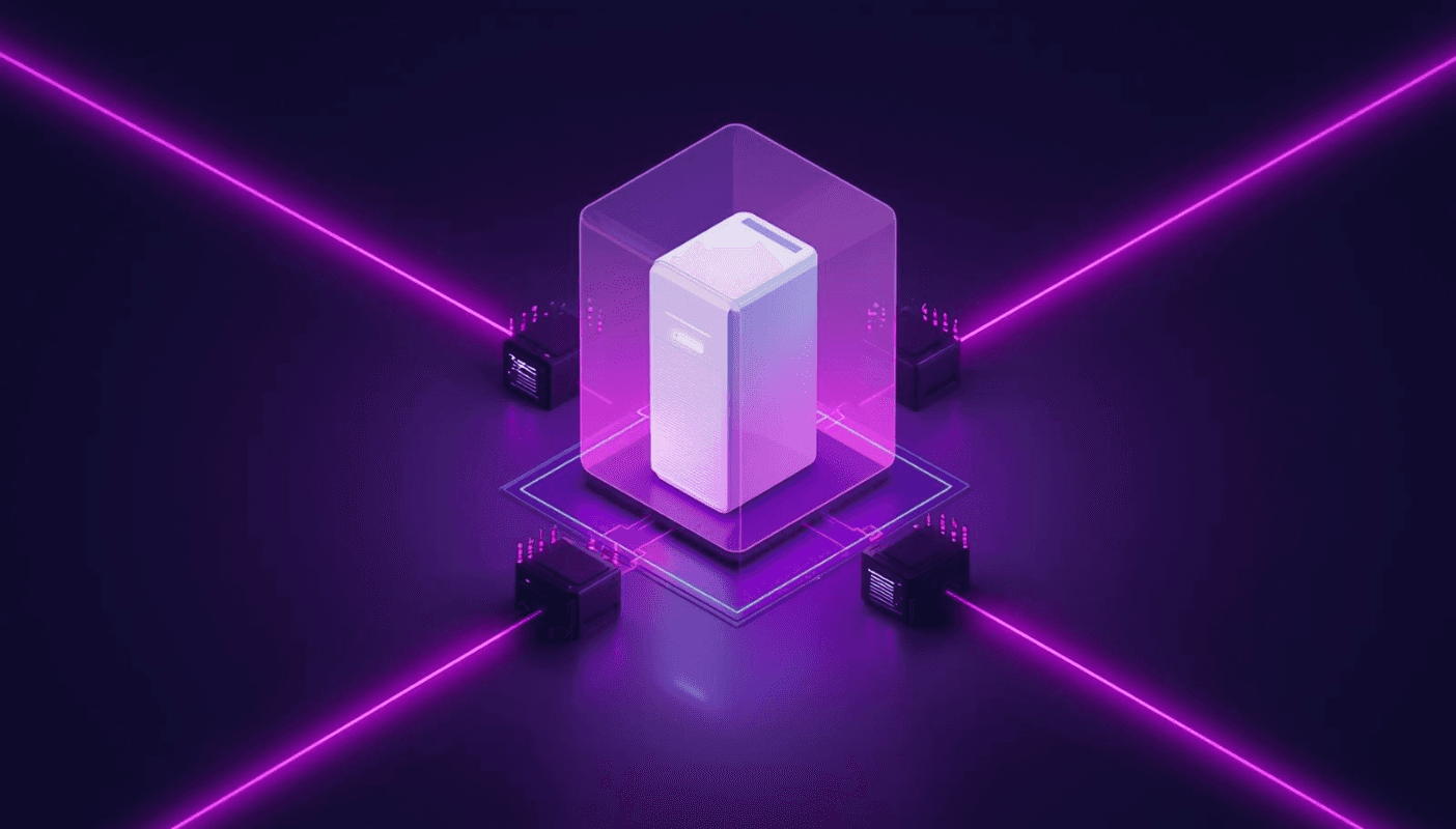 3D isometric illustration of a main server protected by a purple energy shield while smaller burner servers handle traffic, representing safe cold email infrastructure.