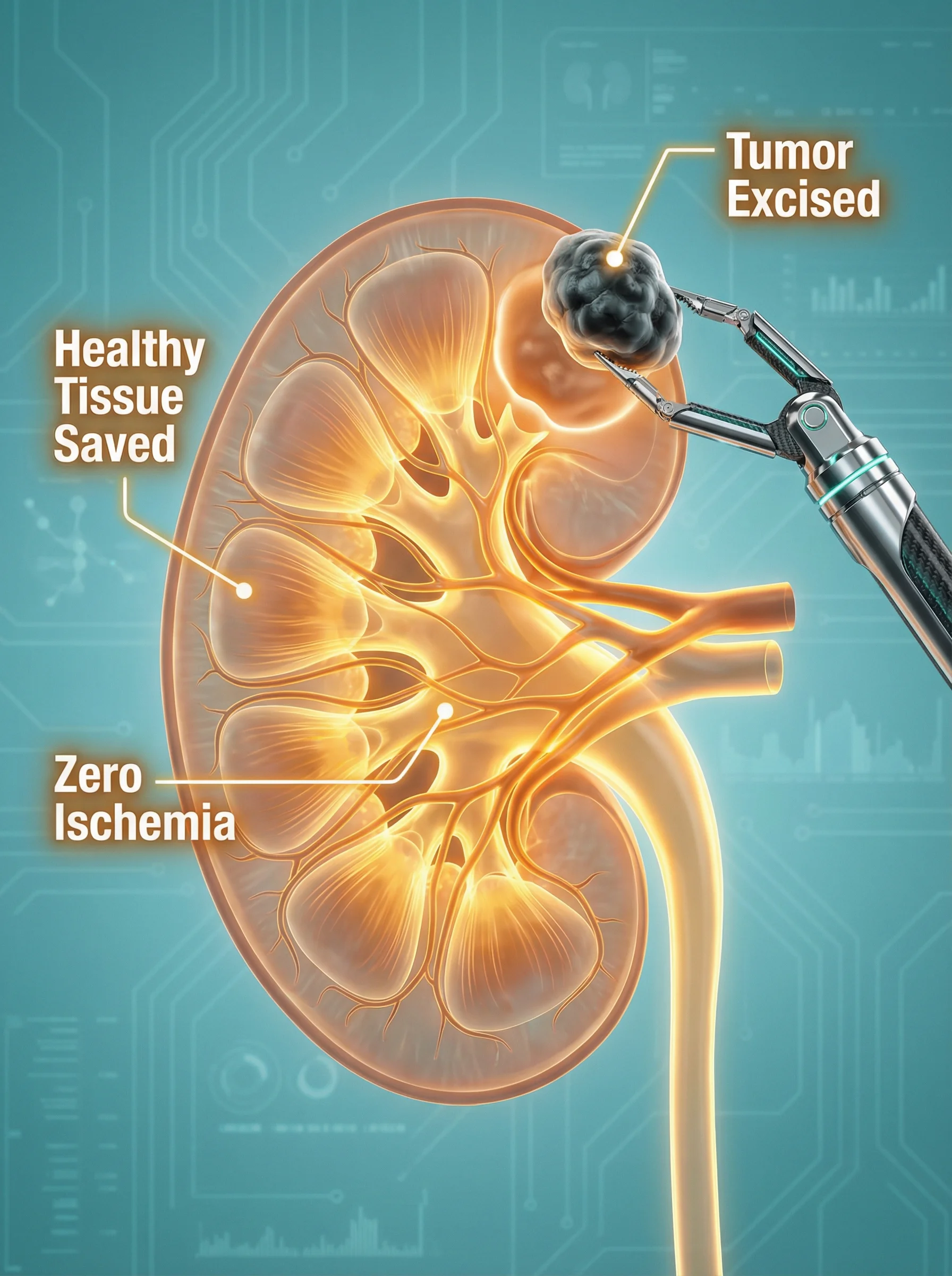 3D render: robotic instrument removing kidney tumor segment, leaving 90% healthy tissue glowing amber against teal background.