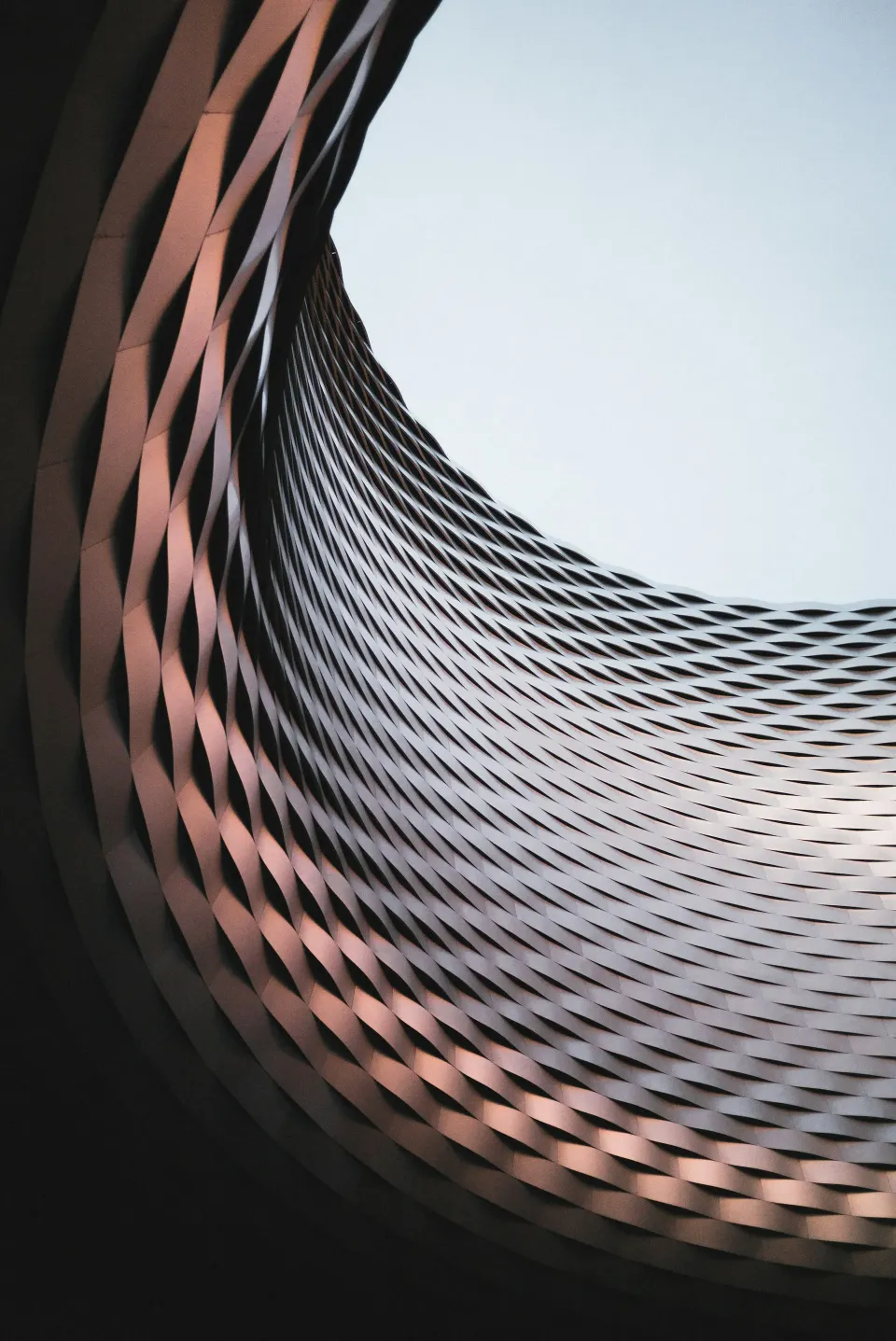 Curved metal lattice facade seen from below