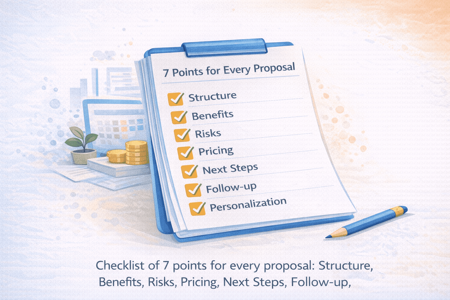 Checklist illustration showing 7 points for every proposal: Structure, Benefits, Risks, Pricing, Next Steps, Follow-up, and Personalization
