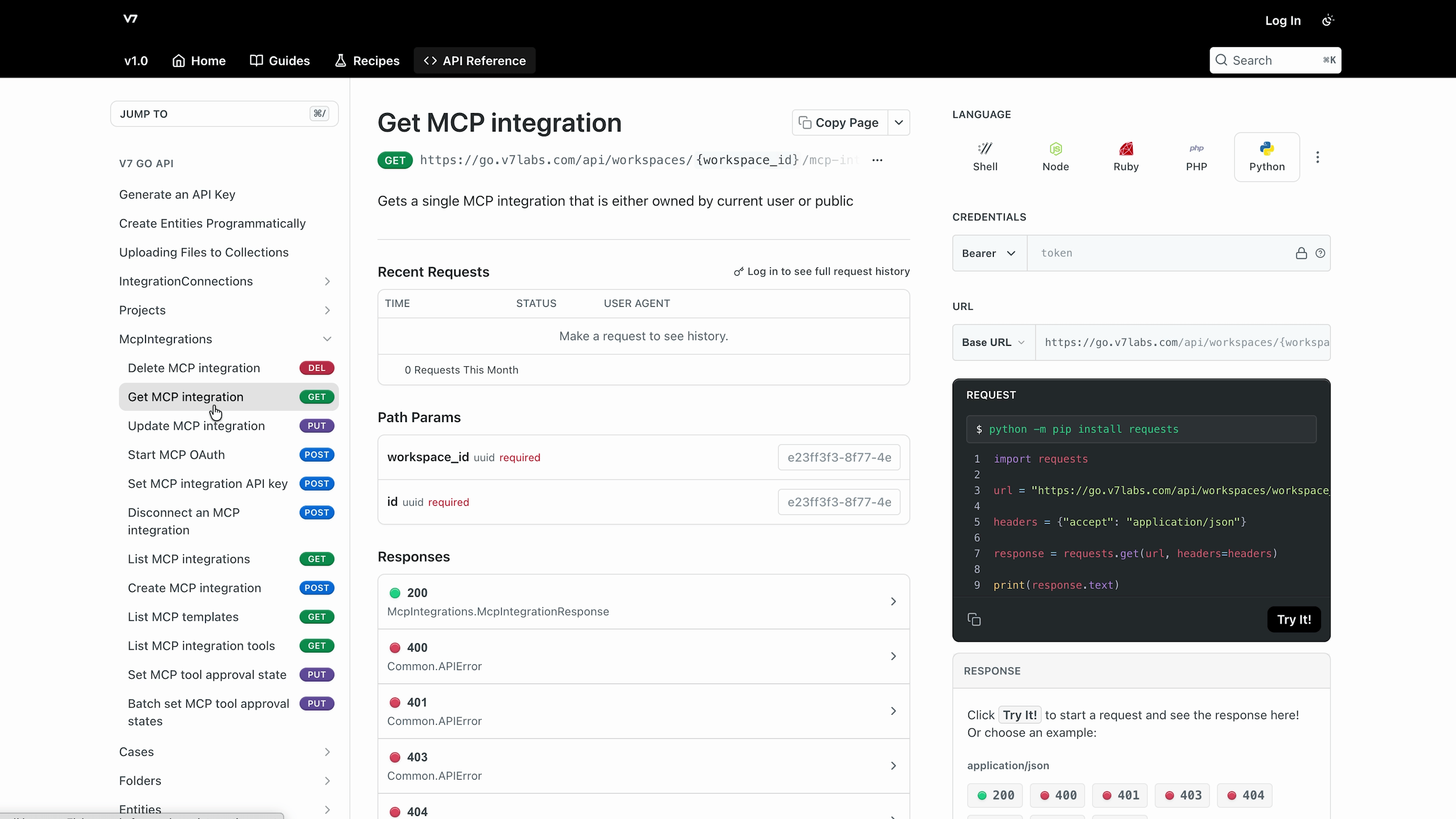 V7 Go API reference page for the "Get MCP integration" endpoint, showing available methods and a Python code example.