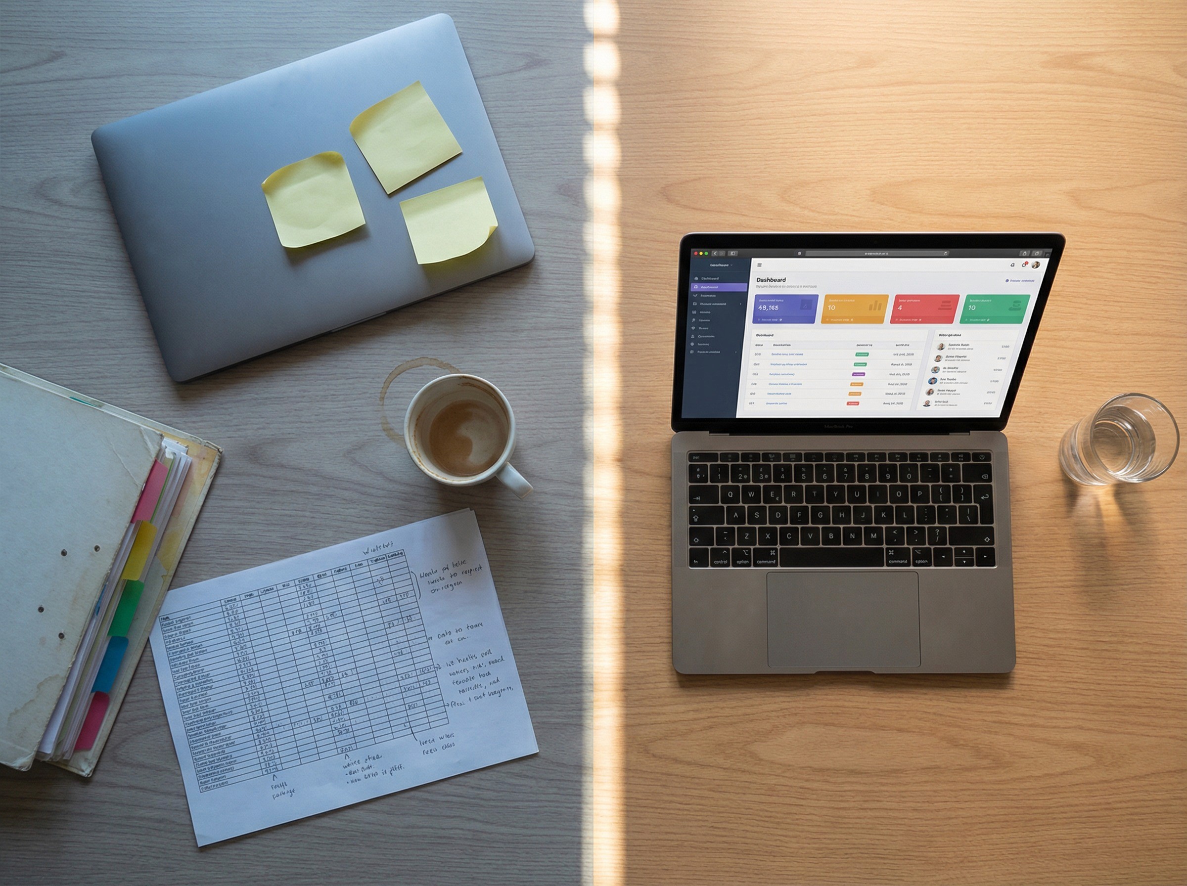 A clean, deliberate still-life shot of a single desk viewed from directly above. The desk is divided into two halves by a thin line of light falling across the surface from a window blind. On the left half, in gentle shadow, the remnants of the old way: a closed laptop with three sticky notes attached to the lid, a ring binder with tabs sticking out at angles, a printed spreadsheet with handwritten annotations, and a half-empty coffee cup — not chaotic, but visibly fragmented, multiple disconnected objects carrying different pieces of the same obligation. On the right half, in clean warm light, the new way: a single open laptop showing a structured dashboard with coloured status rows and a clean navigation panel, a full glass of water, and nothing else. The right side has space. The left side has stuff.
