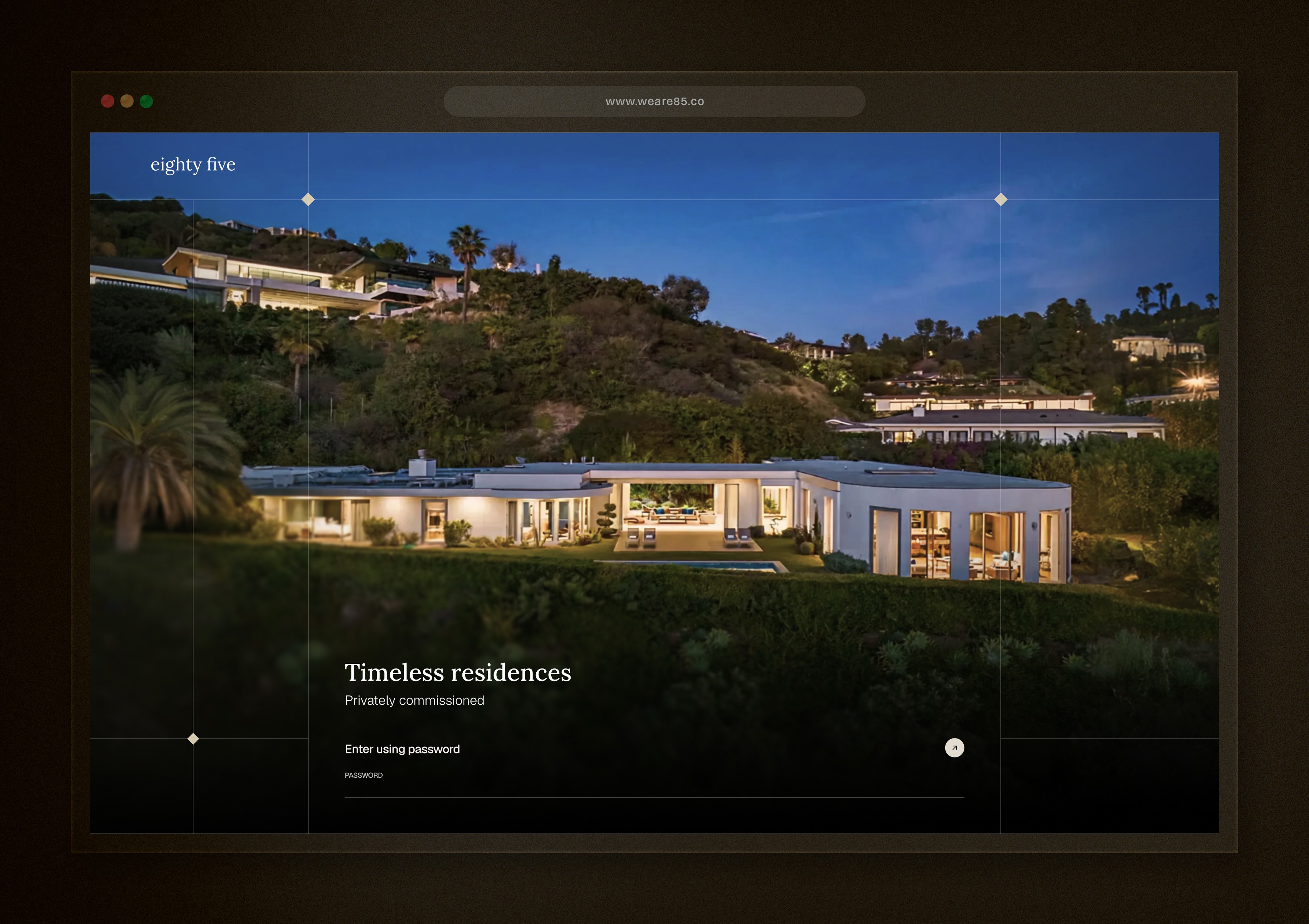 Desktop view of the password-protected Eighty Five website featuring a modern hillside residence at dusk