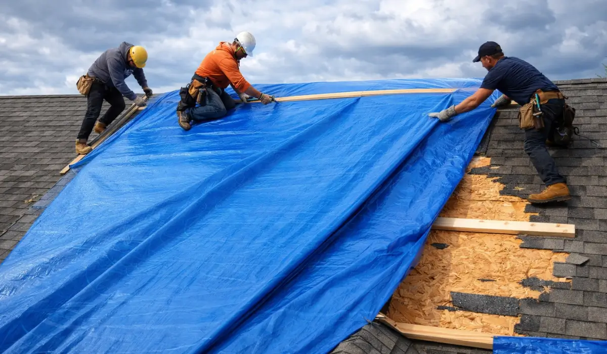 Emergency roof tarping installation covering a storm-damaged residential roof to prevent water intrusion