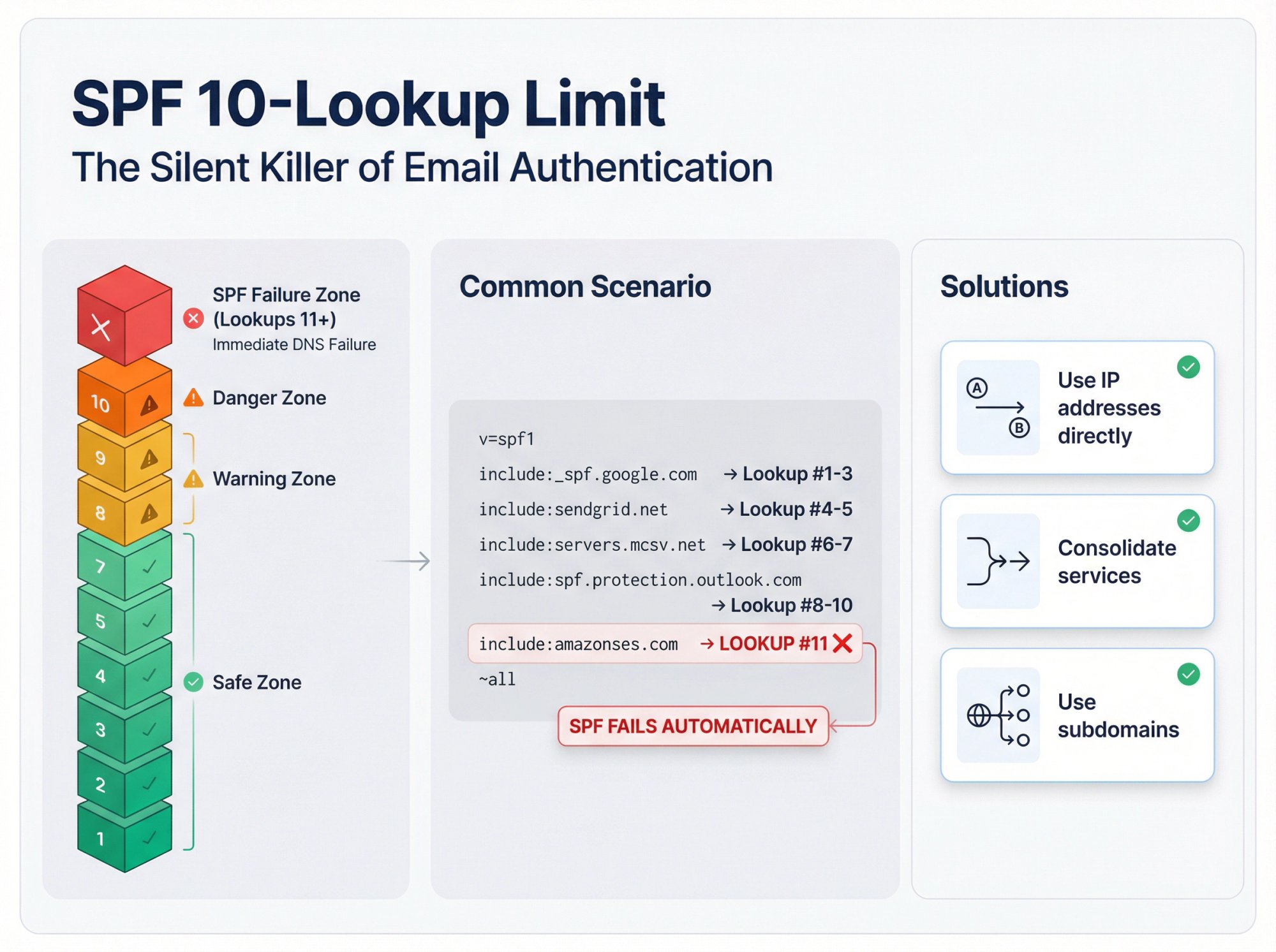 Visual breakdown of SPF's 10-lookup limit showing how include statements accumulate to cause authentication failure