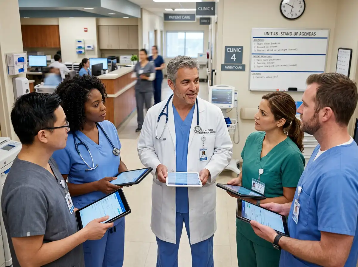 Care team reviewing tablets together in a hospital corridor