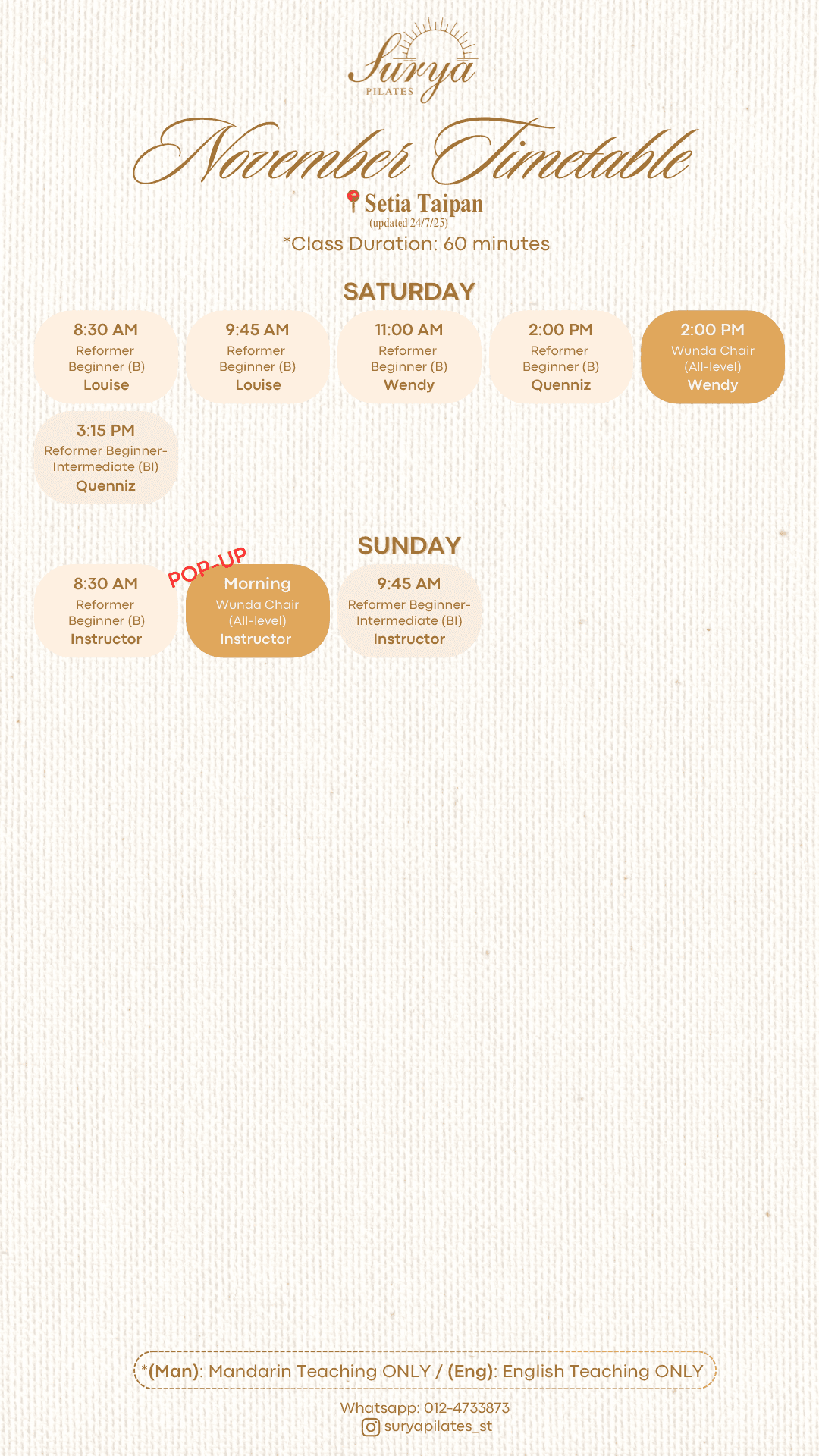 Surya Pilates Setia Taipan Schedule