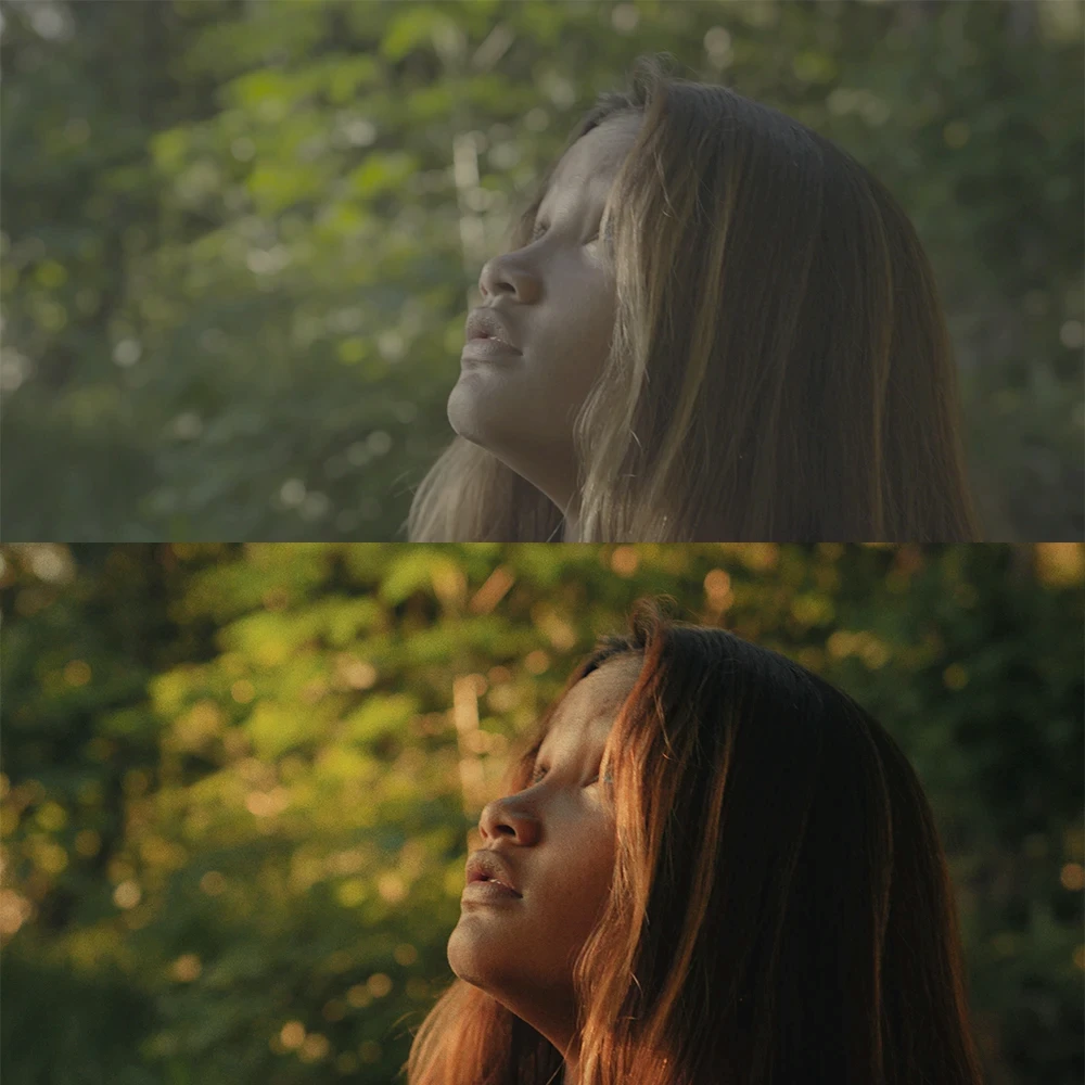 Girl looking up in the sky. One in LOG one in graded.