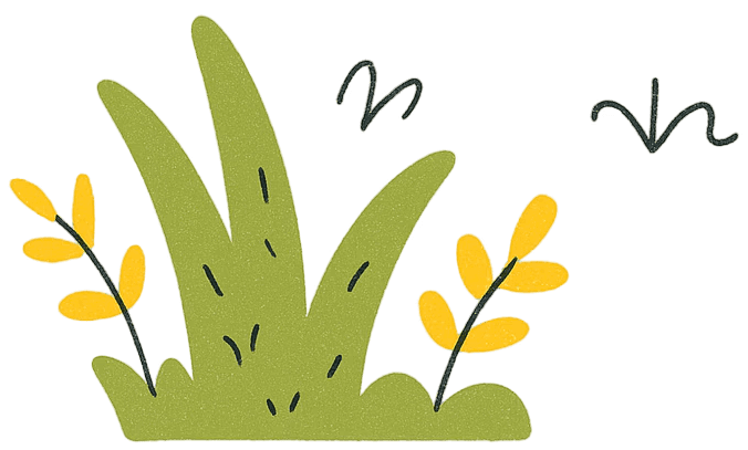 Illustration of green grass with yellow wheat-like stalks and simple leaf shapes in the background.