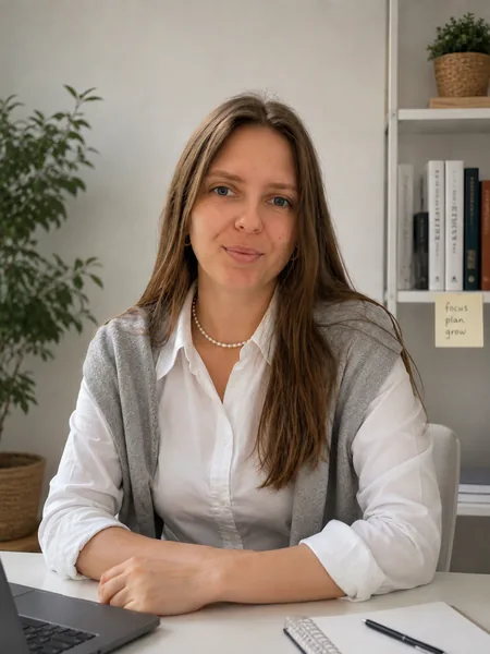 Polina, English Class teacher, seated at a table in Batumi