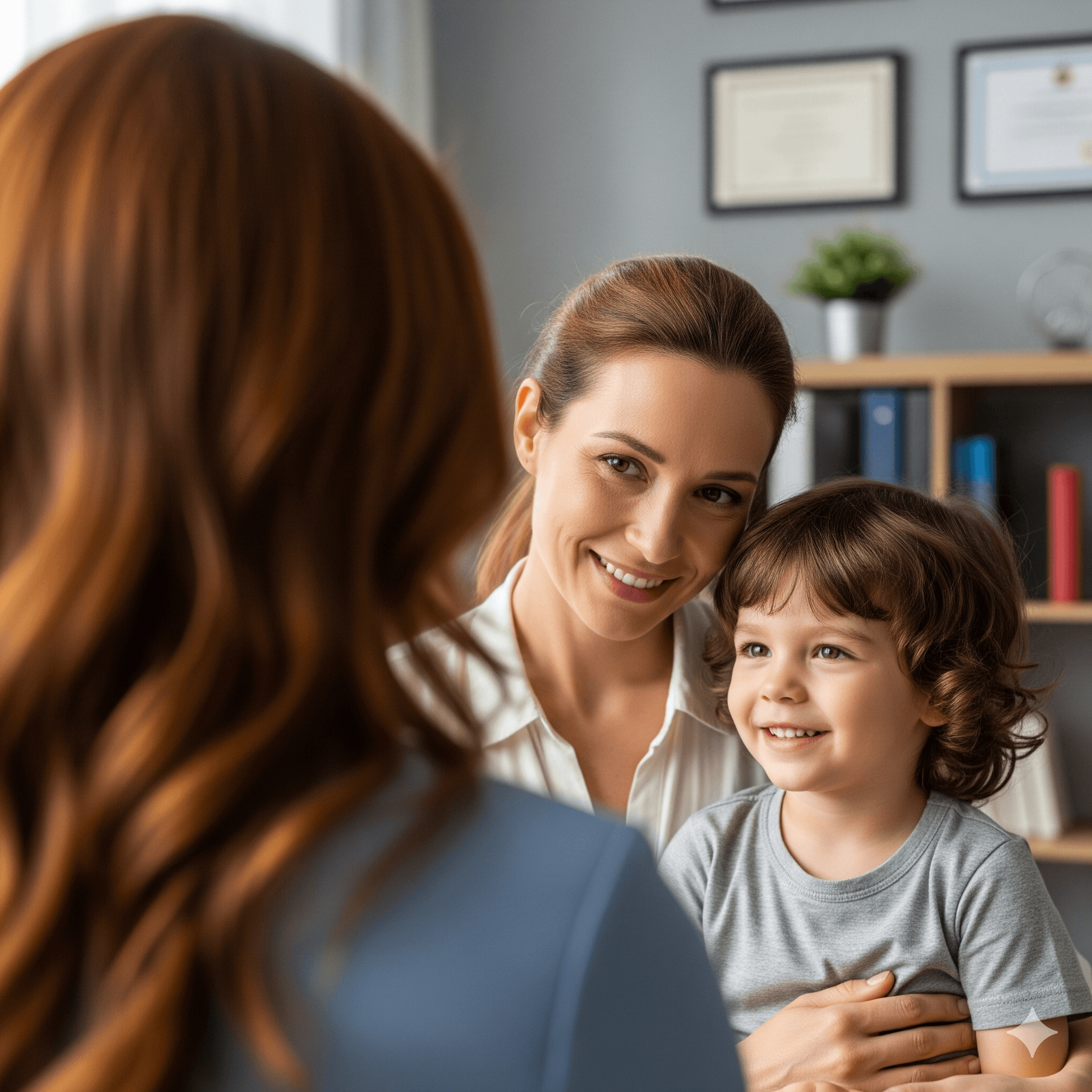 Psychologist talking to mother and child