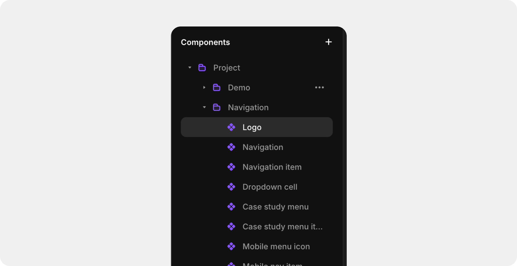 Framer components panel with nested navigation items