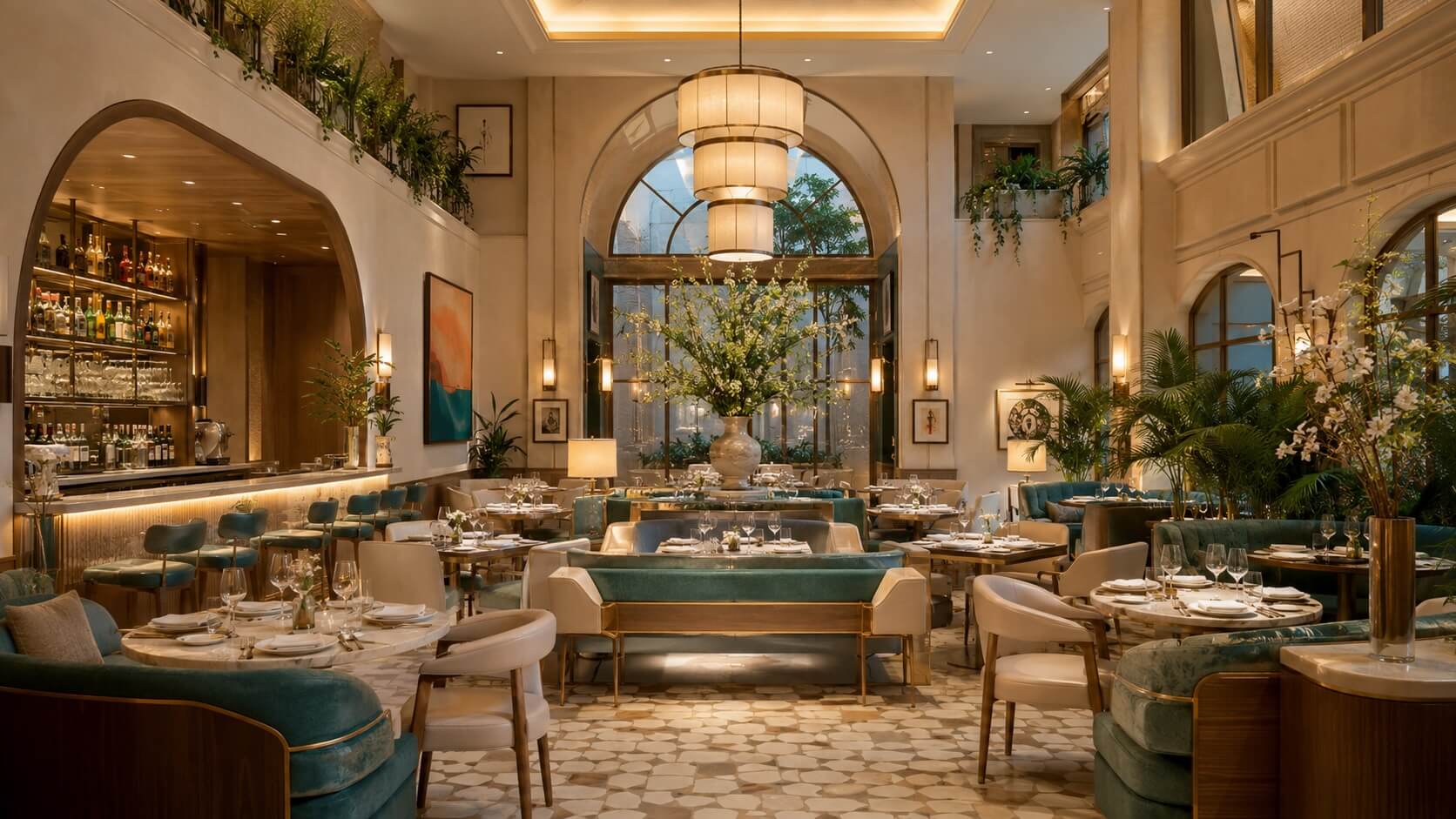 Elegant restaurant dining room with teal seating, arched windows, layered greenery, and a warmly lit bar.