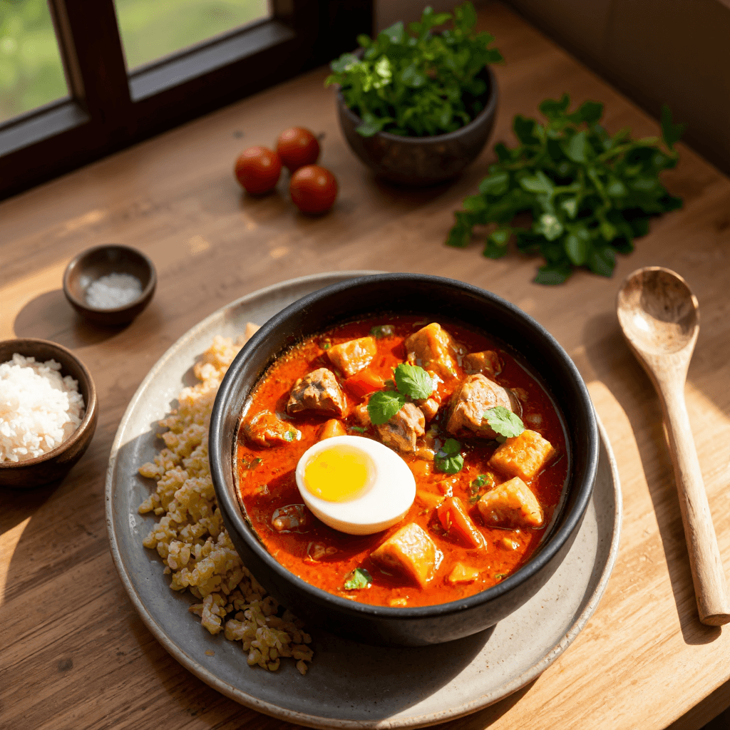 product photography of a plate of spicy stew with meat and vegetables