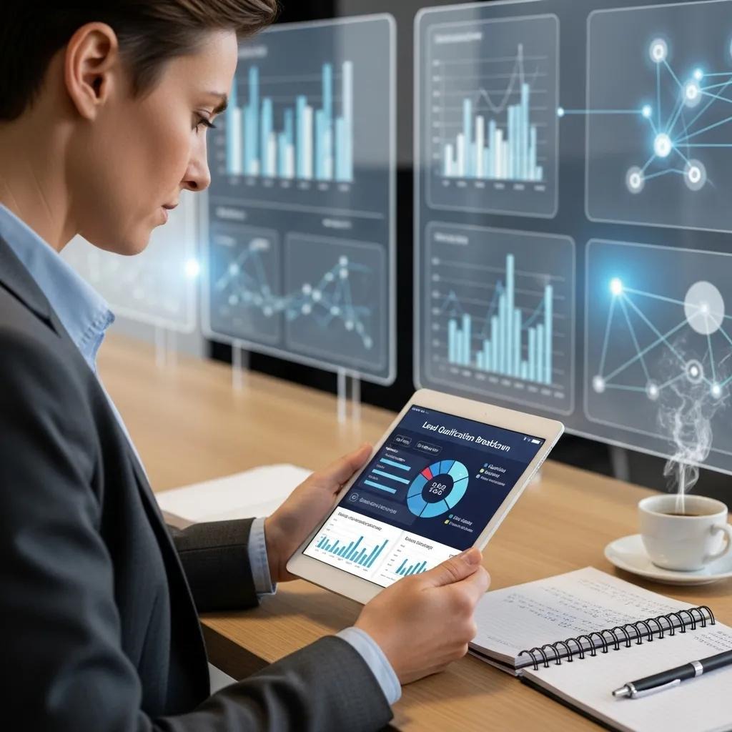 Business professional analyzing data for lead qualification using AI