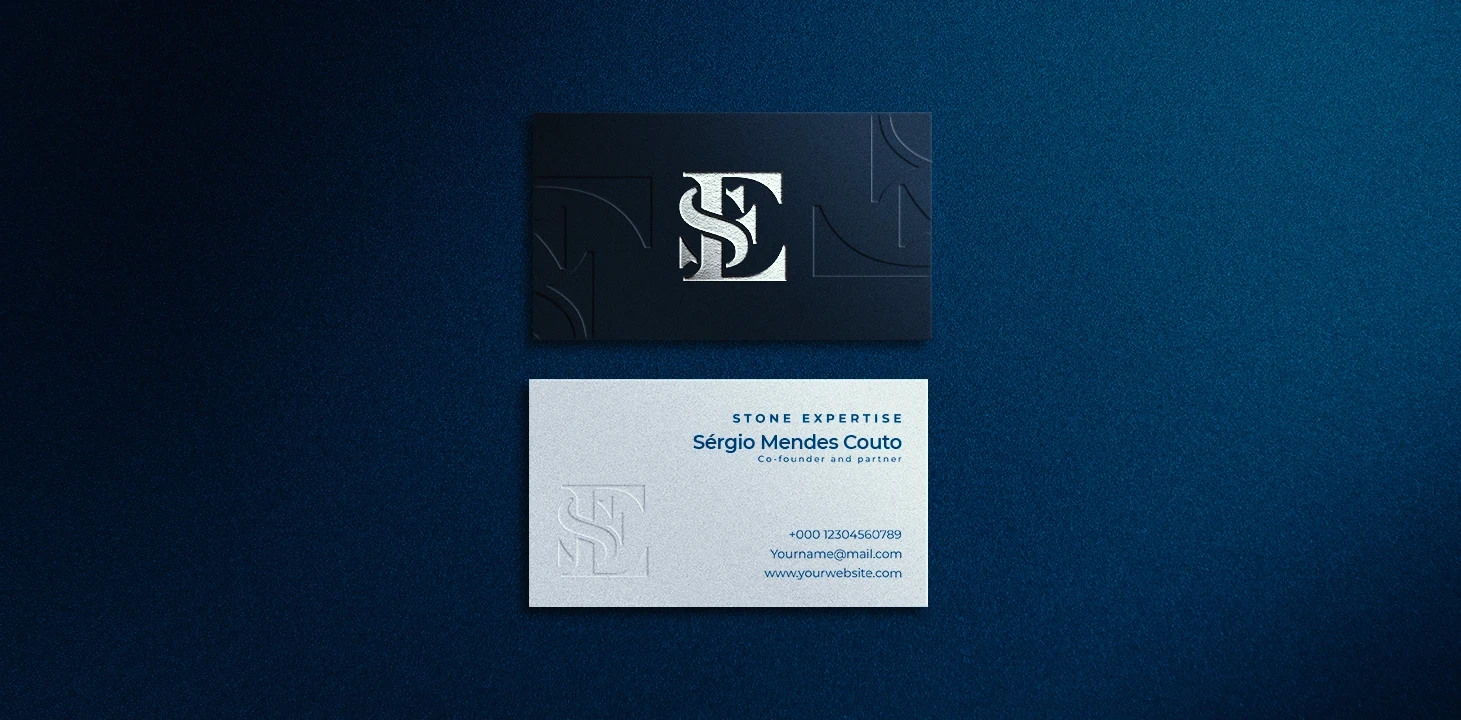 Premium business card design for Stone Expertise, a luxury natural stone consultancy, featuring a refined monogram logo, elegant typography and sophisticated blue brand identity.